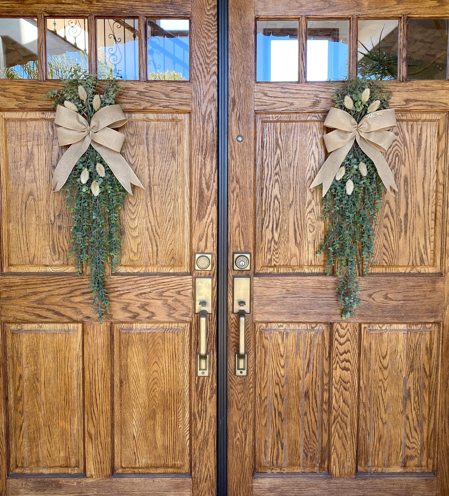 Eucalyptus Door Swag with Bunny Tails - FAUX Front Door or Wall Swag for all Seasons - Double Door Wreath, Window Swag, Door Hanger