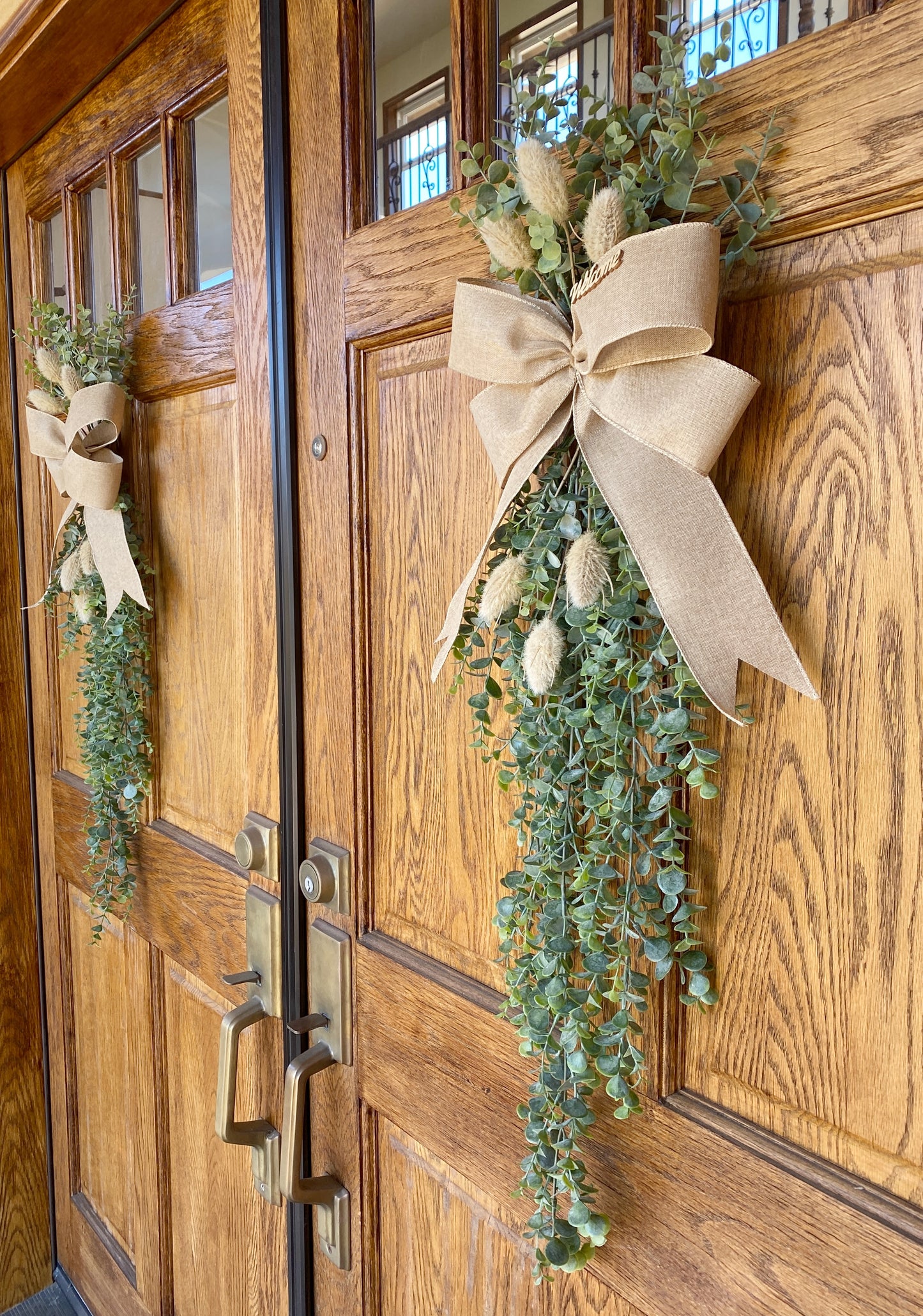 Eucalyptus Door Swag with Bunny Tails - FAUX Front Door or Wall Swag for all Seasons - Double Door Wreath, Window Swag, Door Hanger