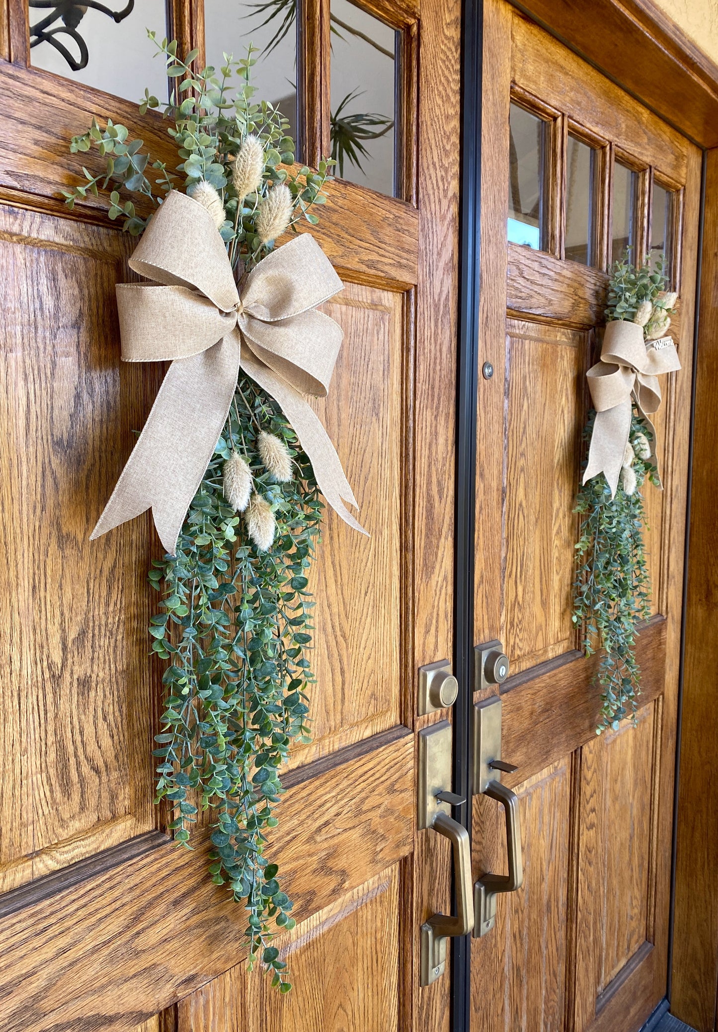 Eucalyptus Door Swag with Bunny Tails - FAUX Front Door or Wall Swag for all Seasons - Double Door Wreath, Window Swag, Door Hanger