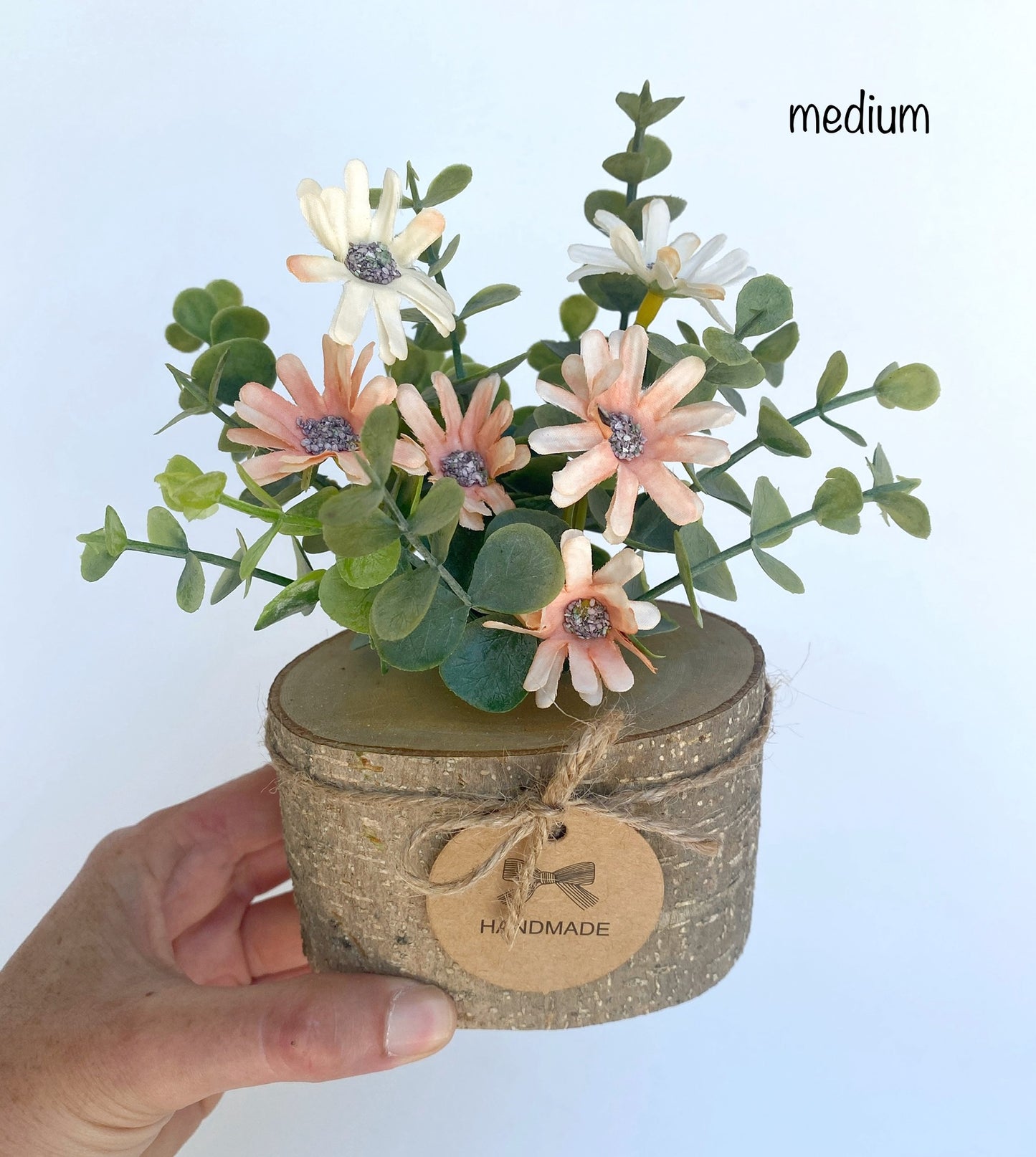 Faux Flower Arrangement in Handmade Wood Pot - with Peach Coral Daisy Wild Flowers and Eucalyptus