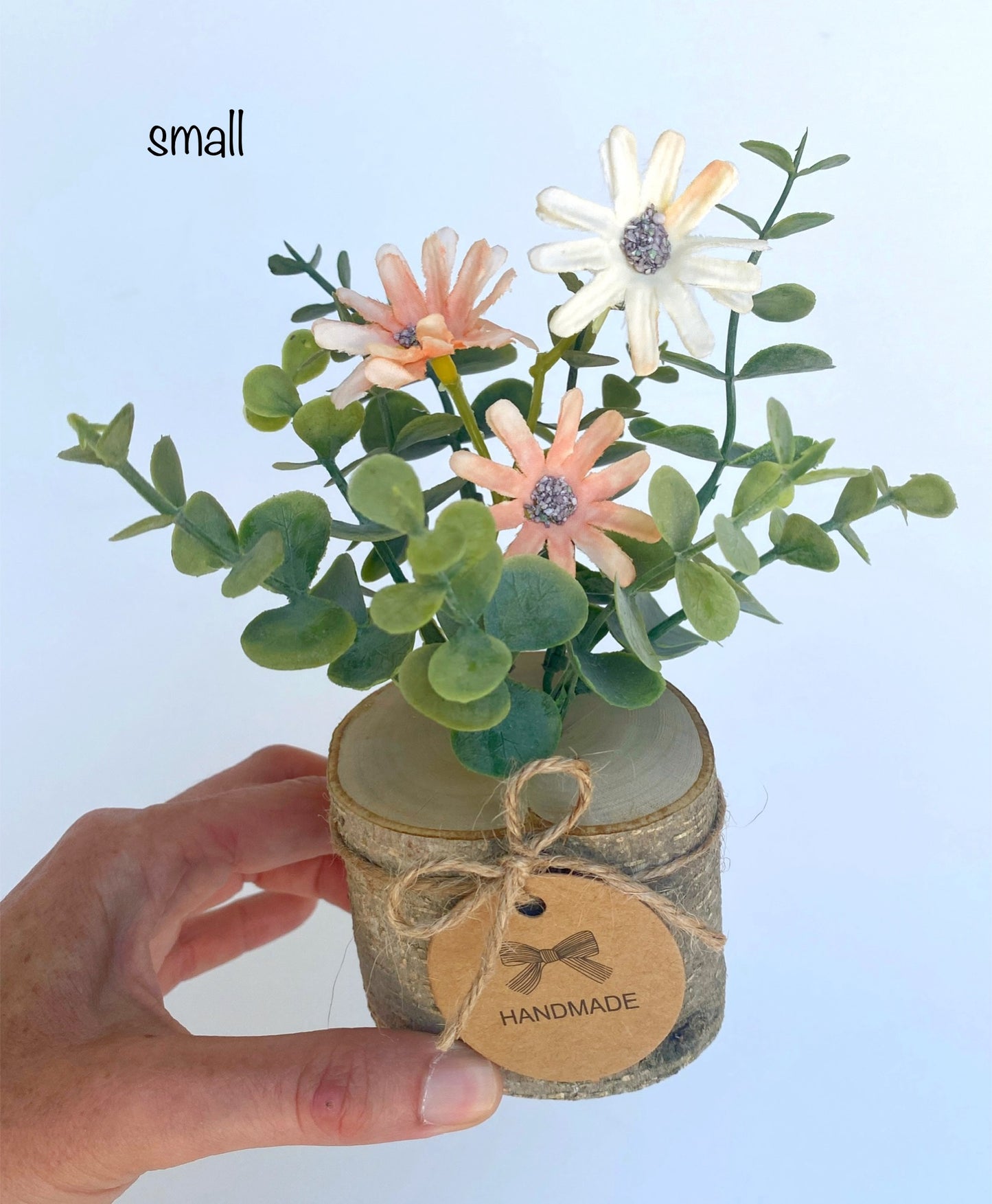 Faux Flower Arrangement in Handmade Wood Pot - with Peach Coral Daisy Wild Flowers and Eucalyptus