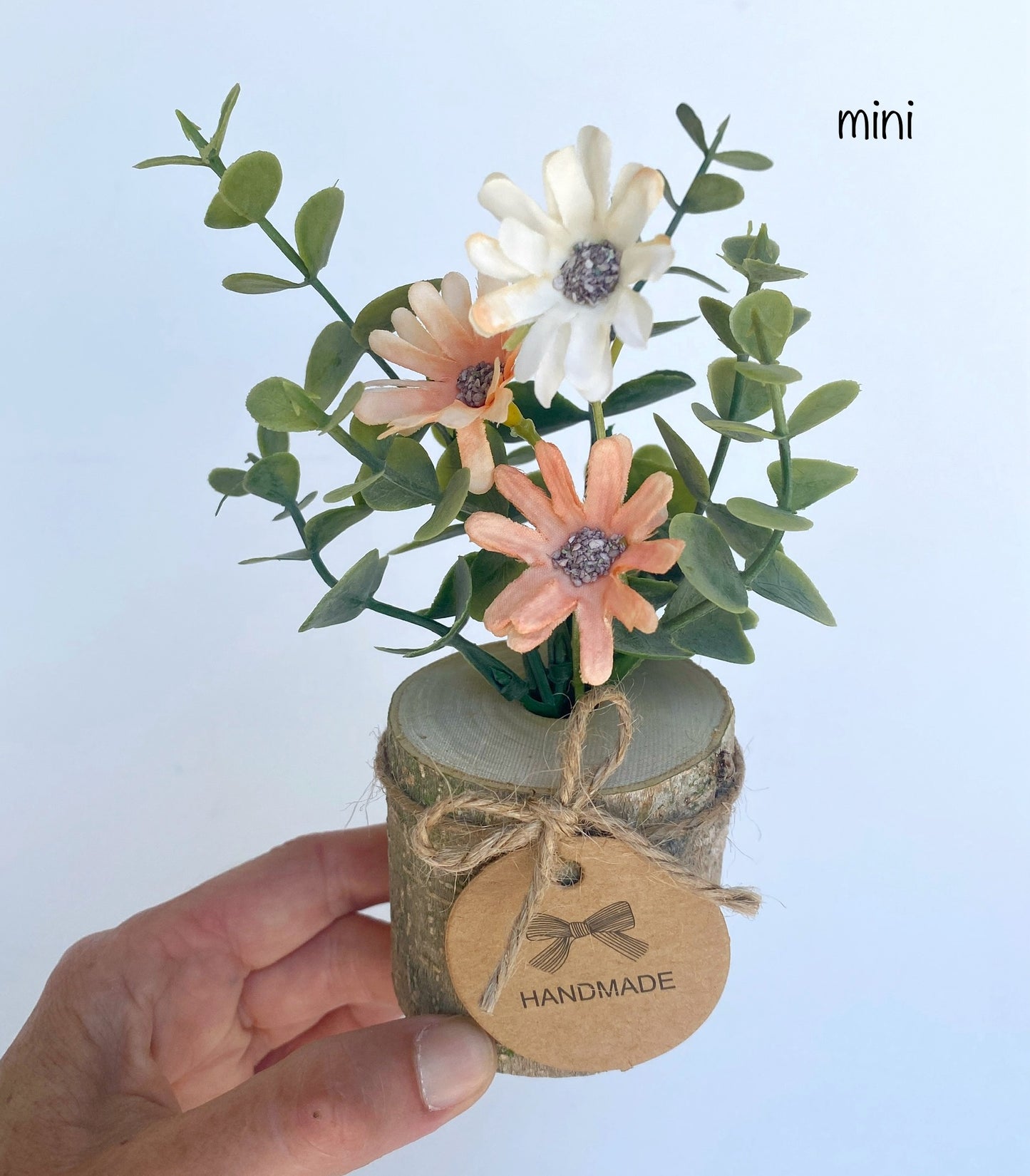 Faux Flower Arrangement in Handmade Wood Pot - with Peach Coral Daisy Wild Flowers and Eucalyptus