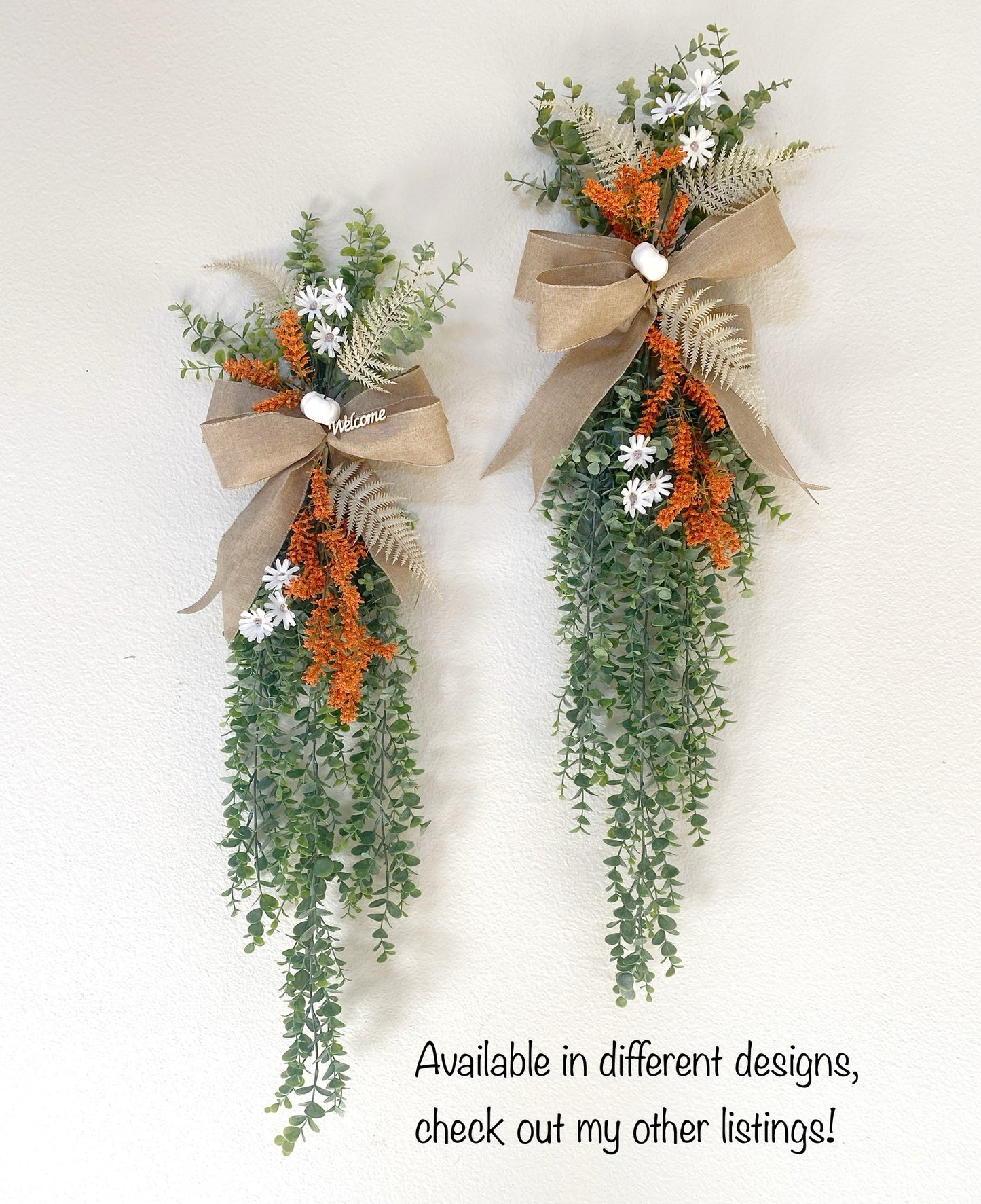 Fall Eucalyptus Door Swag with Bunny Tails - FAUX Front Door or Wall Swag, Double Door Wreath, Farmhouse Swag, Window Swag, Door Hanger