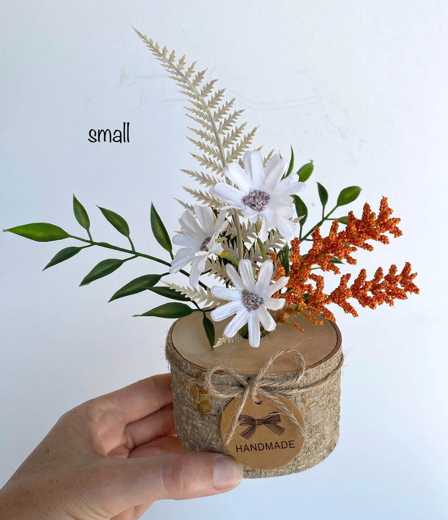 Fall Flower Arrangement in Wood Log Branch, Artificial - Handmade - Pumpkin and Fall Flowers Faux