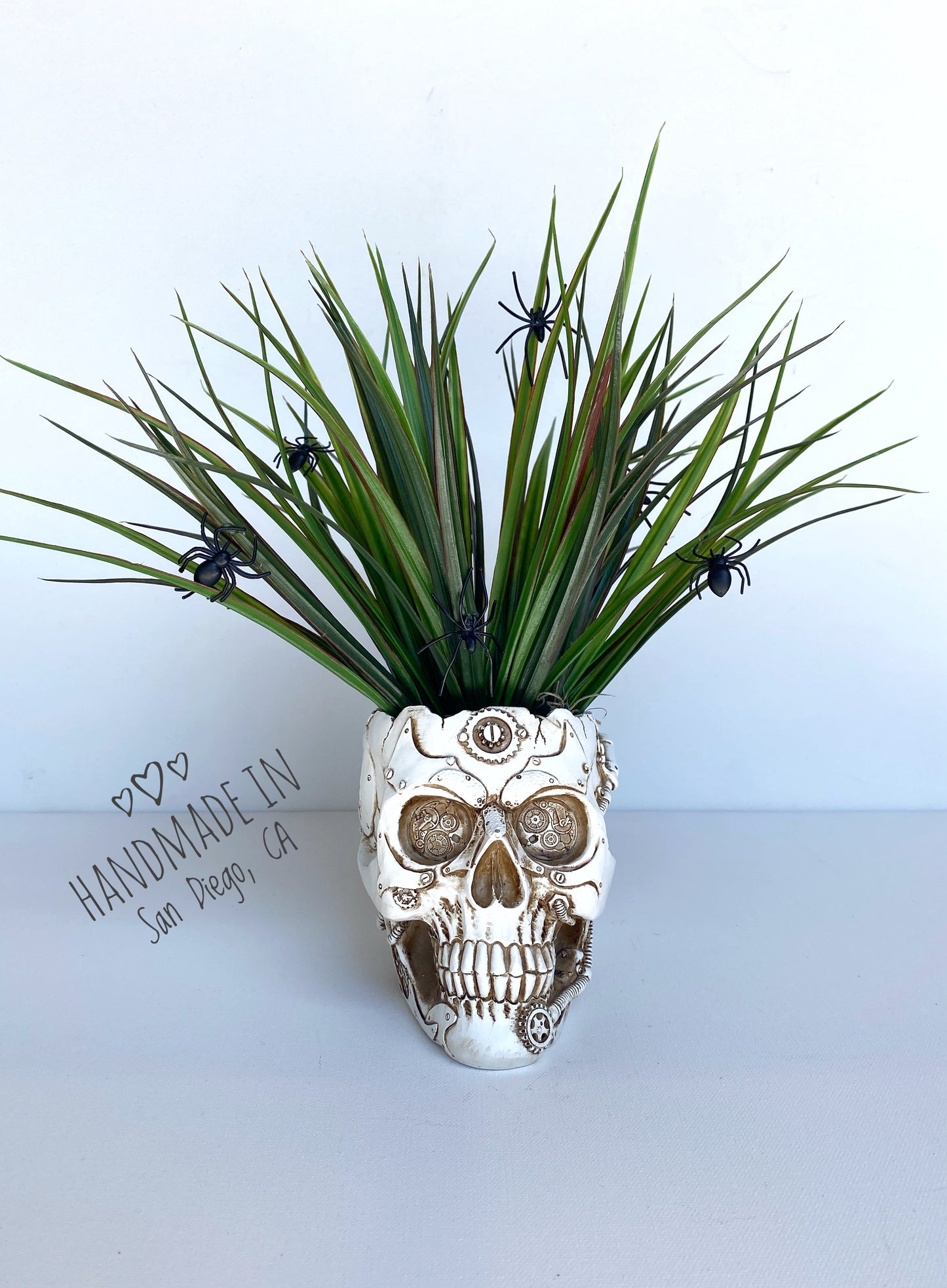 Skull Halloween Decor Plant with Spiders, Skeleton Planter with Faux Plant