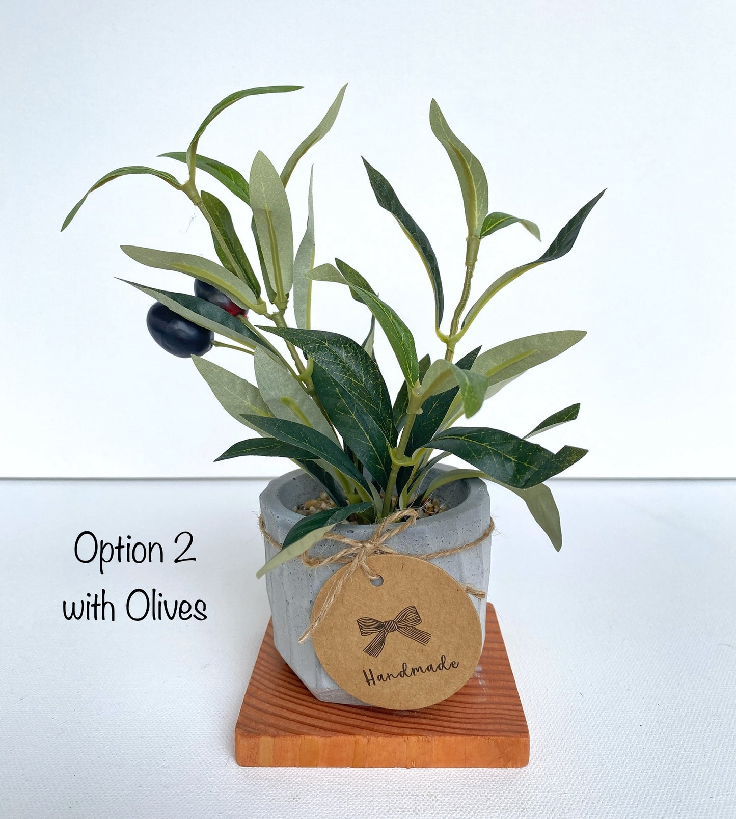 Artificial Mini Olive Tree in Handmade Pot with Wood Coaster - Small Faux Olive Tree