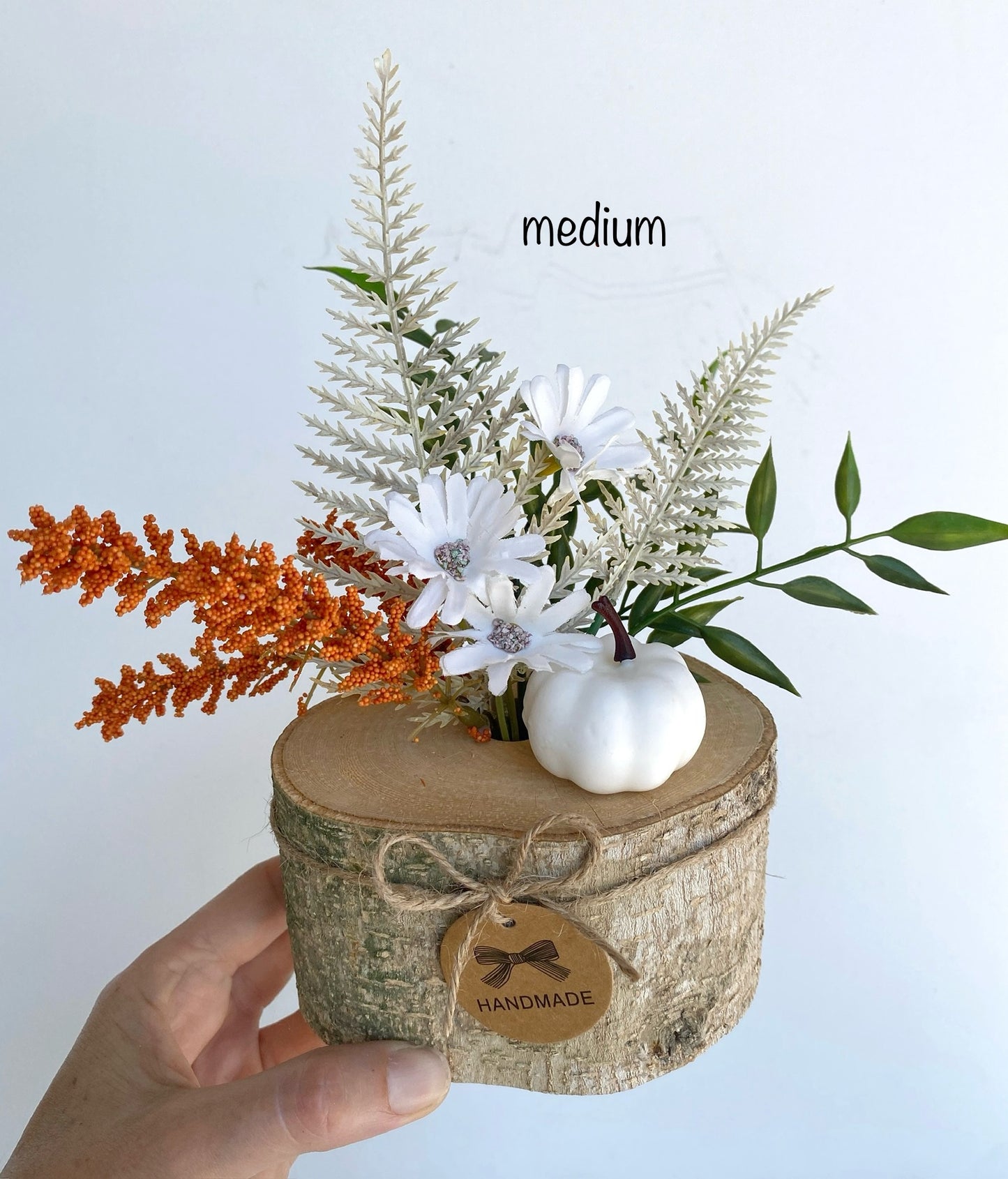 Fall Flower Arrangement in Wood Log Branch, Artificial - Handmade - Pumpkin and Fall Flowers Faux