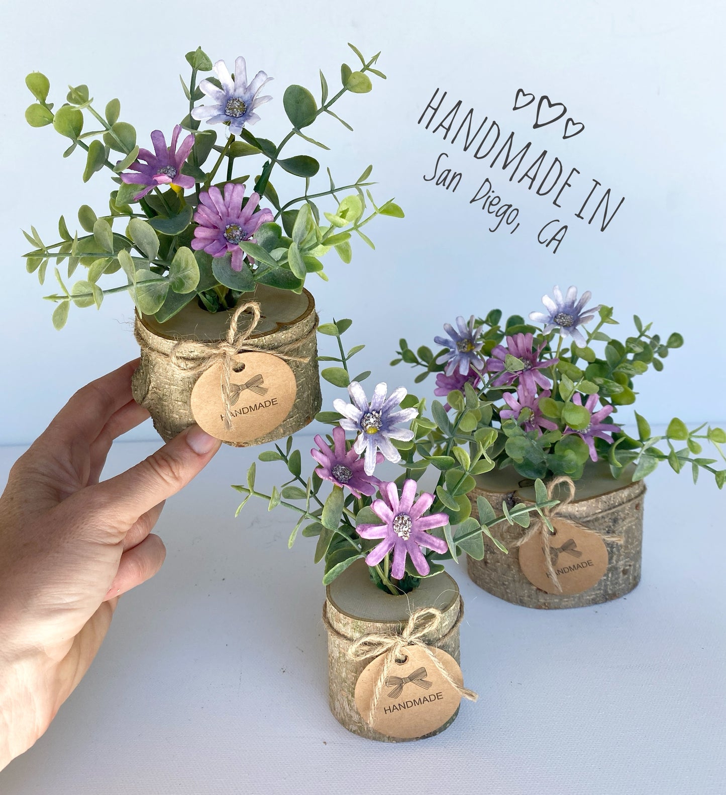 Faux Flower Arrangement in Handmade Wood Pot - with Purple Daisy Wild Flowers and Eucalyptus