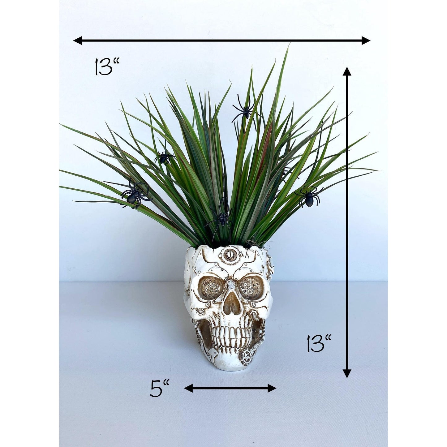 Skull Halloween Decor Plant with Spiders, Skeleton Planter with Faux Plant