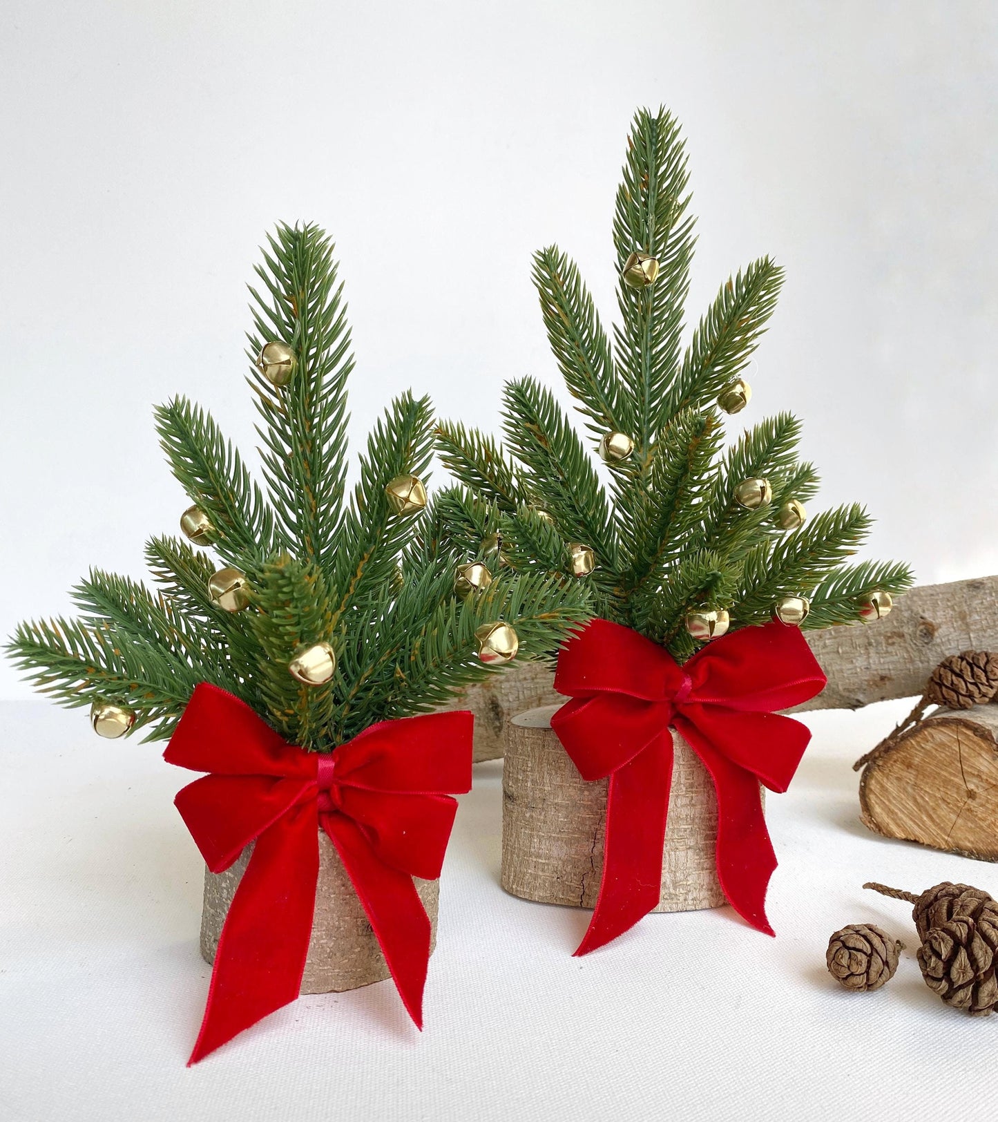 Mini Christmas Tree – Faux Tabletop Christmas Tree with Red Velvet Ribbon and Gold Bells | Office & Home Holiday Decor