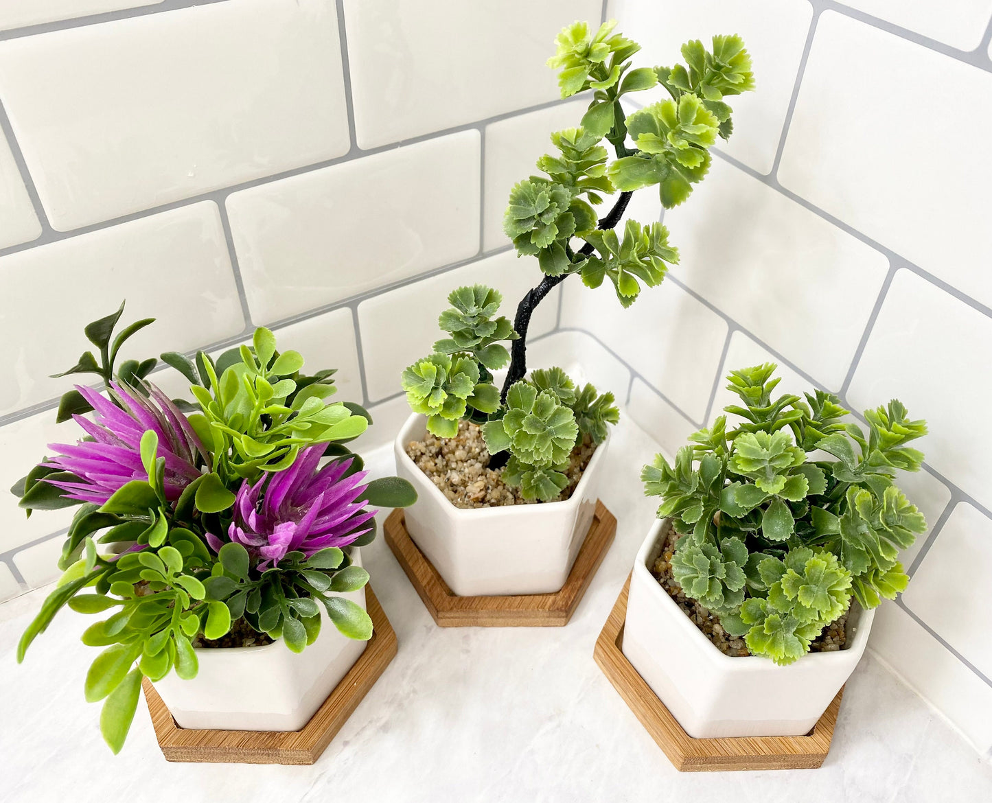 3 x Small Artificial Plant in white Hexagon Pot with Bamboo Tray