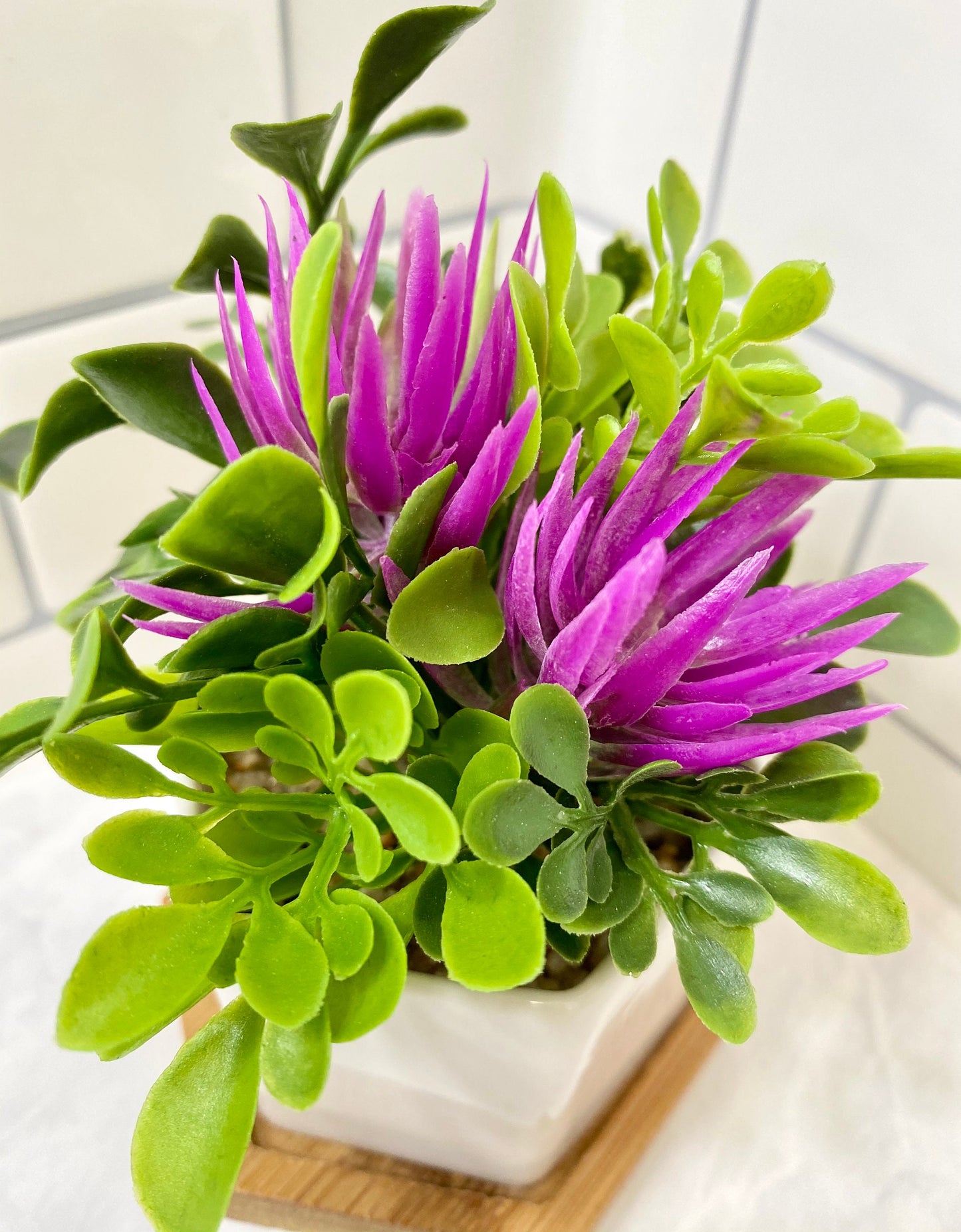 Small Artificial Plant with pink flowers in Hexagon Pot with Bamboo Tray