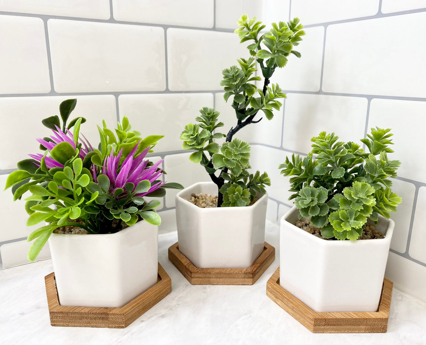 3 x Small Artificial Plant in white Hexagon Pot with Bamboo Tray