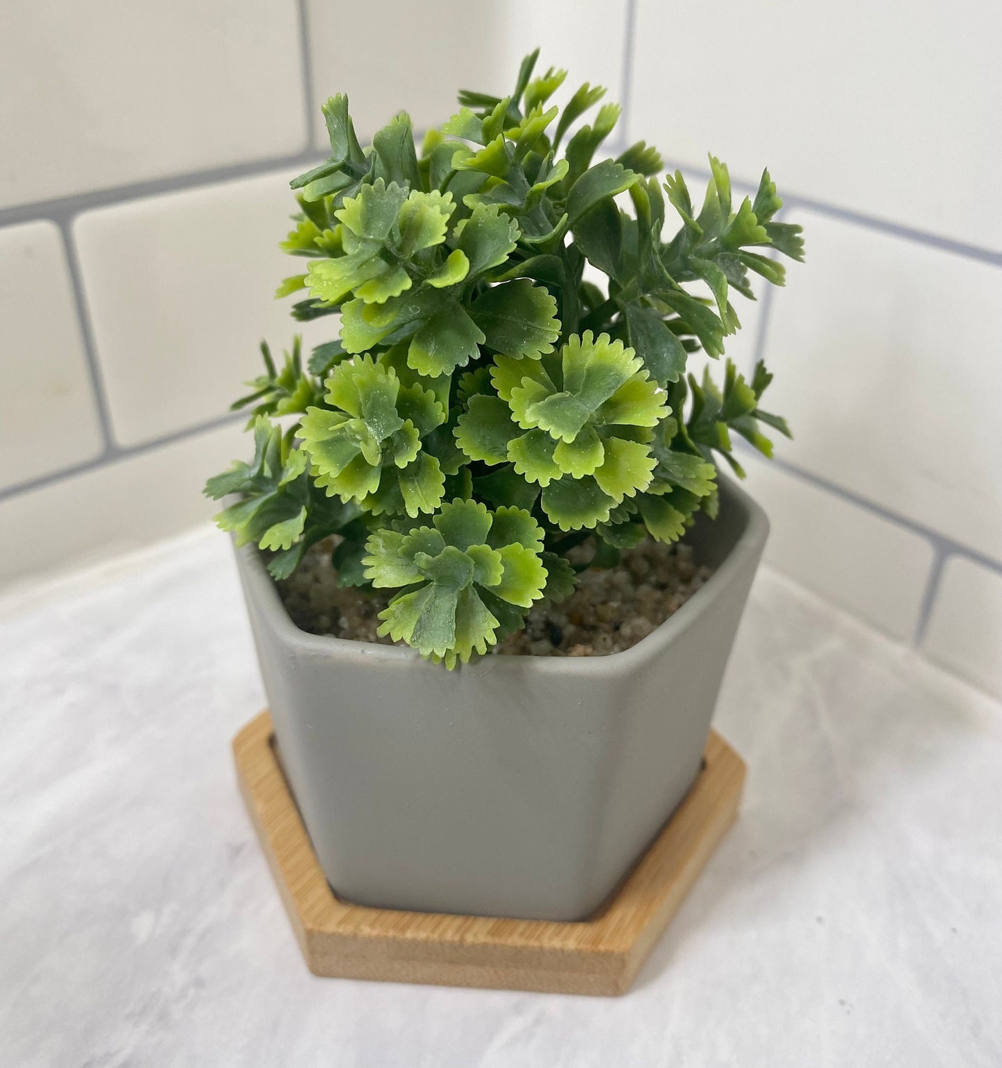 3 x Small Artificial Plant in grey Hexagon Pot with Bamboo Tray