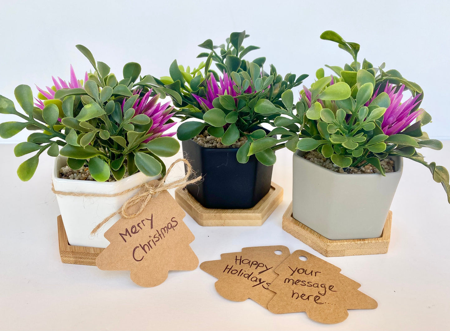 Small Artificial Plant with pink flowers in Hexagon Pot with Bamboo Tray