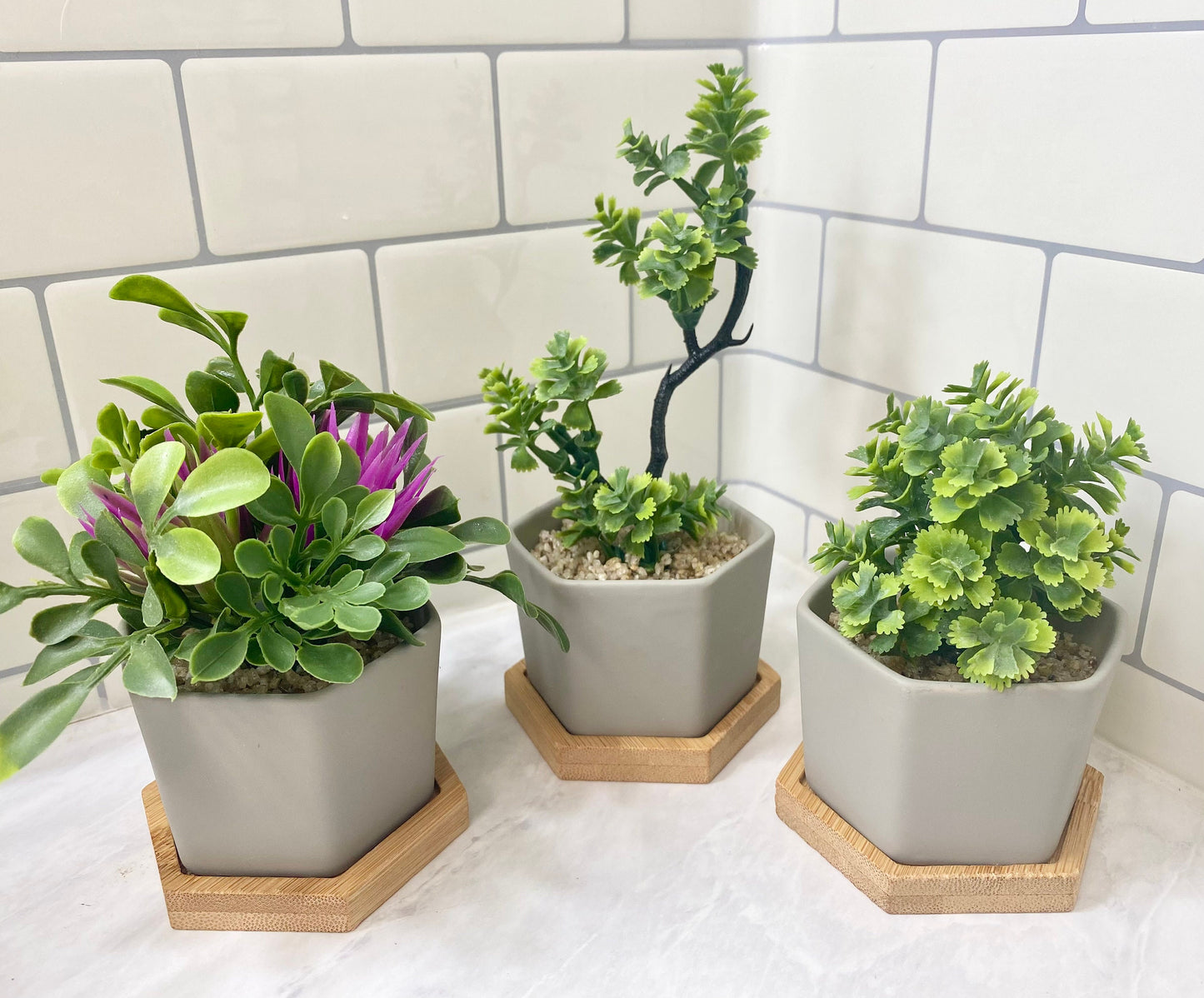 3 x Small Artificial Plant in grey Hexagon Pot with Bamboo Tray