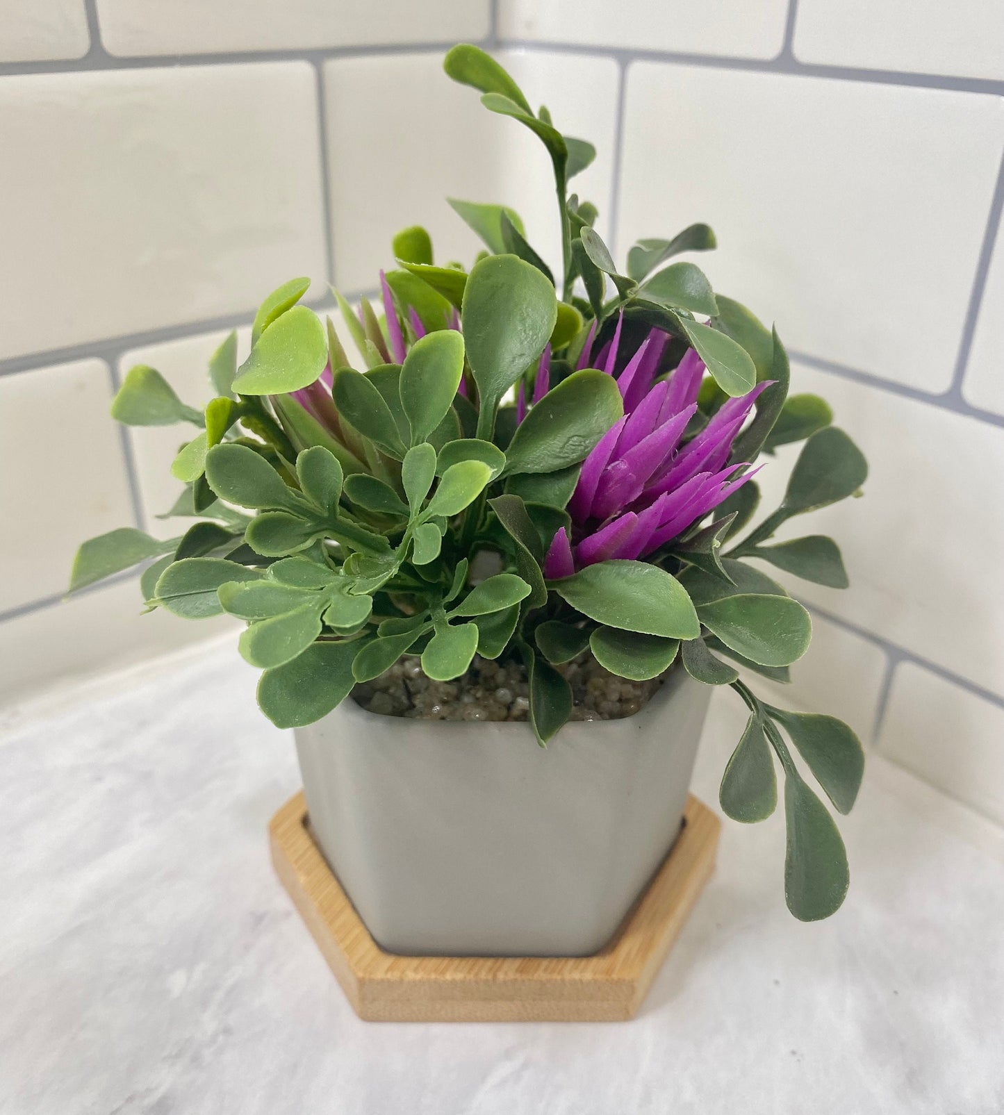 3 x Small Artificial Plant in grey Hexagon Pot with Bamboo Tray