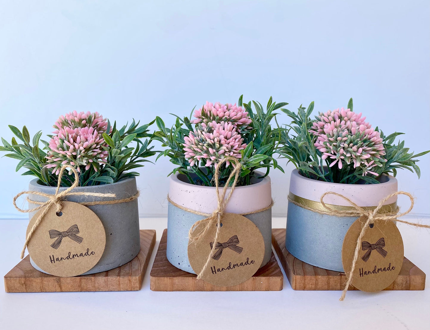 Artificial Pink Allium Flower Bulbs in Handmade Concrete Pot with Wood Tray