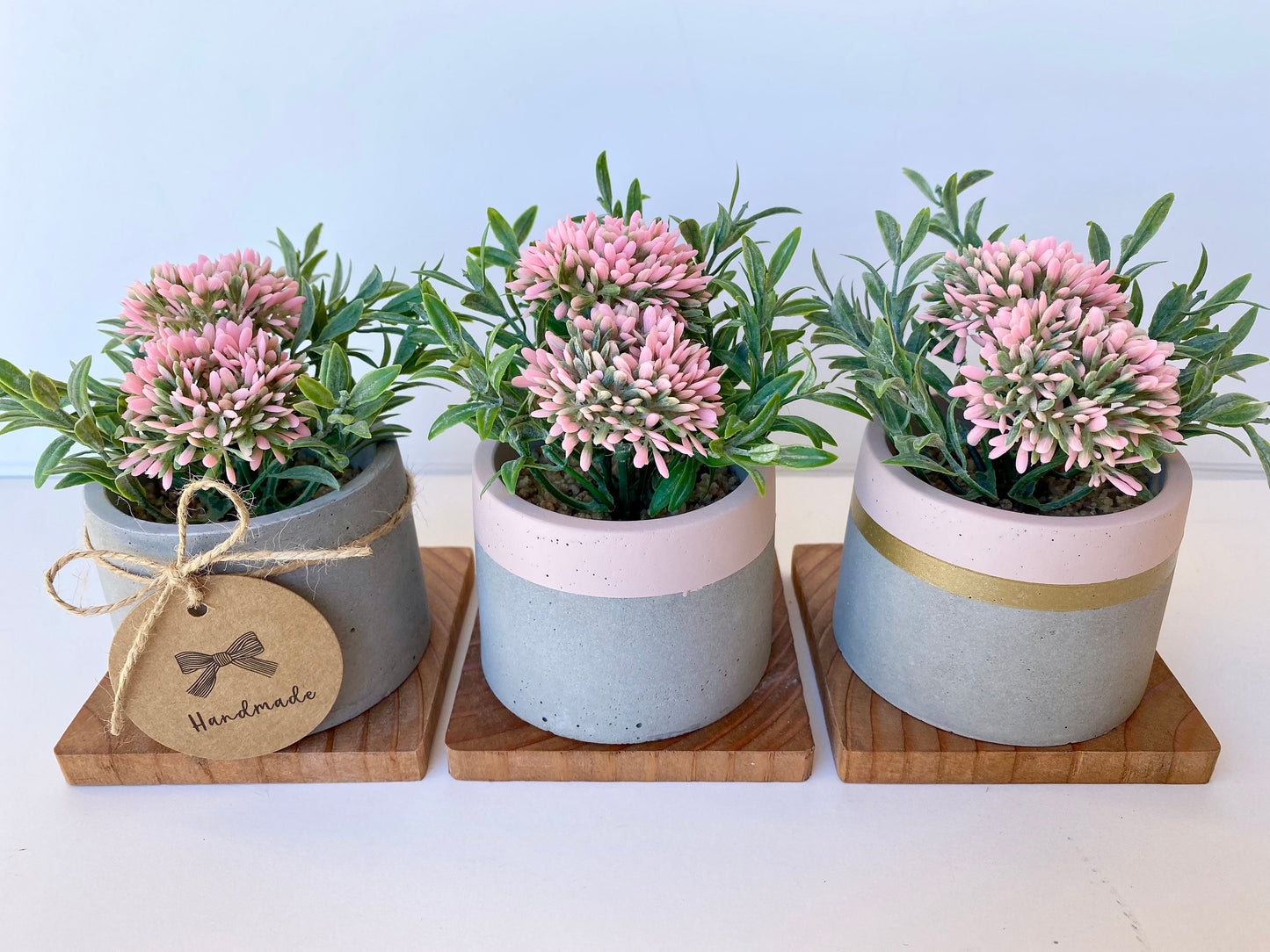 Artificial Pink Allium Flower Bulbs in Handmade Concrete Pot with Wood Tray