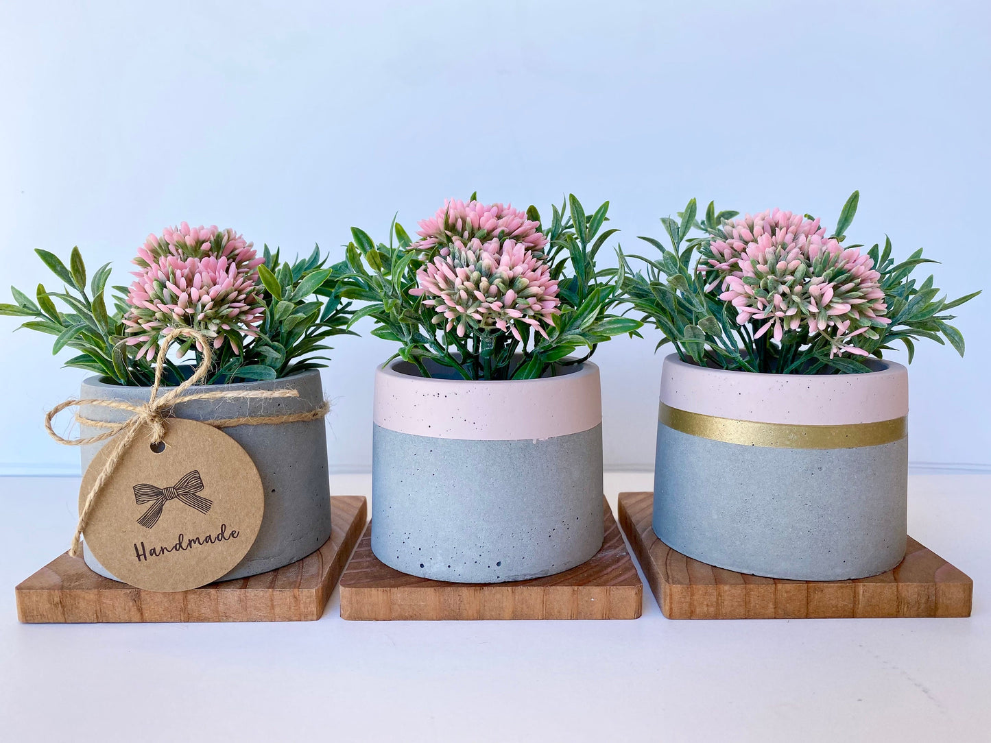 Artificial Pink Allium Flower Bulbs in Handmade Concrete Pot with Wood Tray