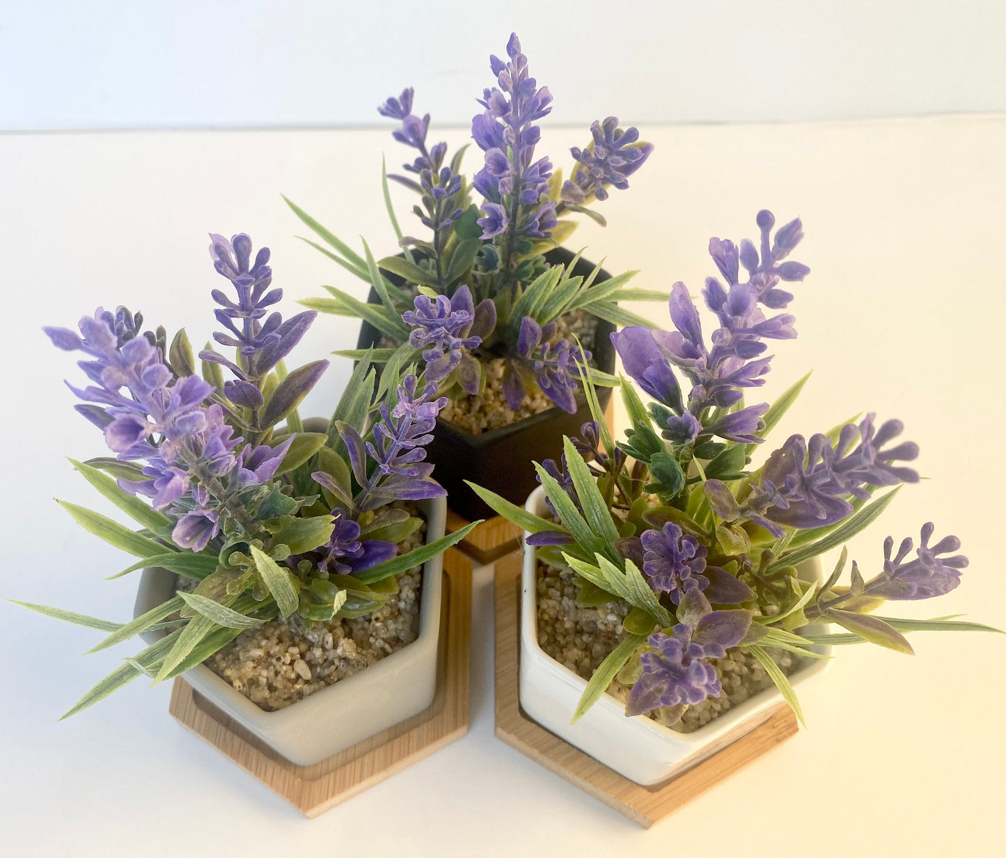 Small Artificial Lavender plant in Hexagon Pot with Bamboo Tray