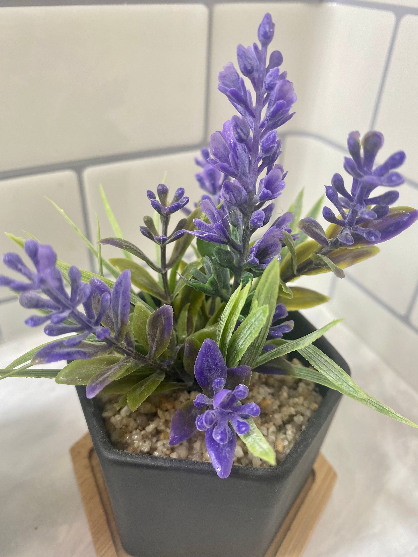 Small Artificial Lavender plant in Hexagon Pot with Bamboo Tray