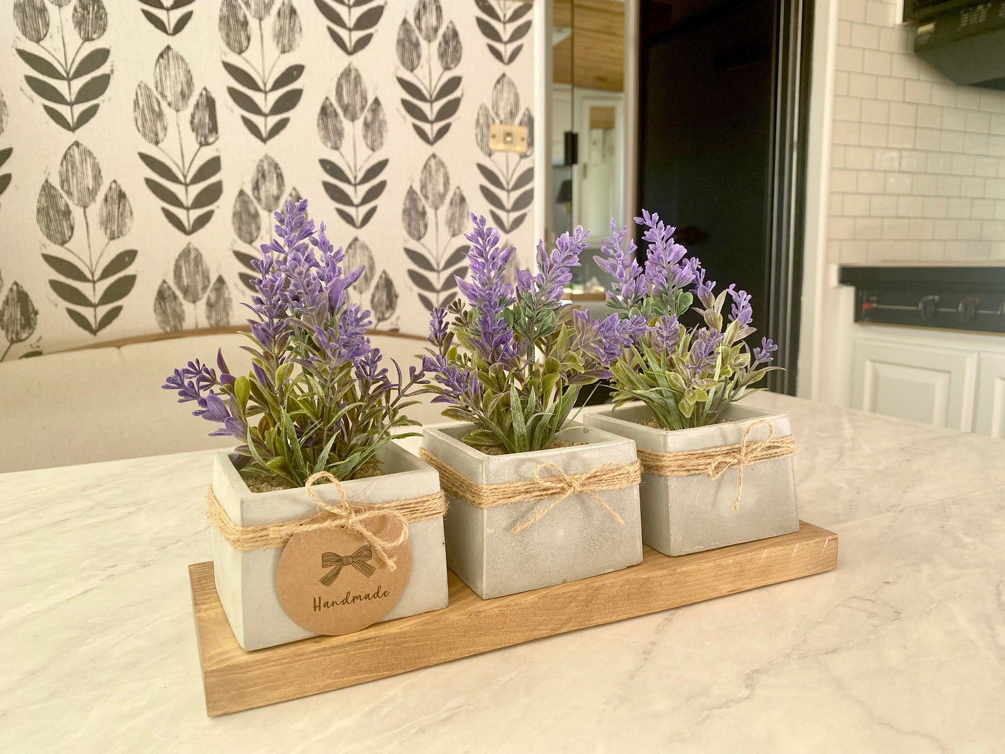 3x Artificial Lavender Plant in Handmade Concrete Pot with Wood Tray