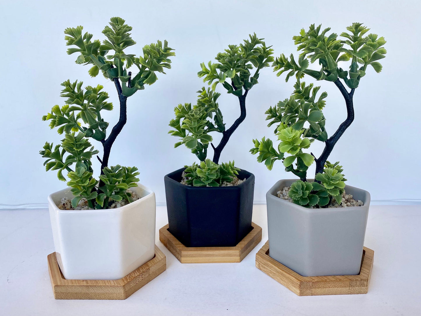 mini artificial bonsai tree Small Artificial Bonsai Plant in Hexagon Pot with Bamboo Tray – Ursina's Deco Shop
