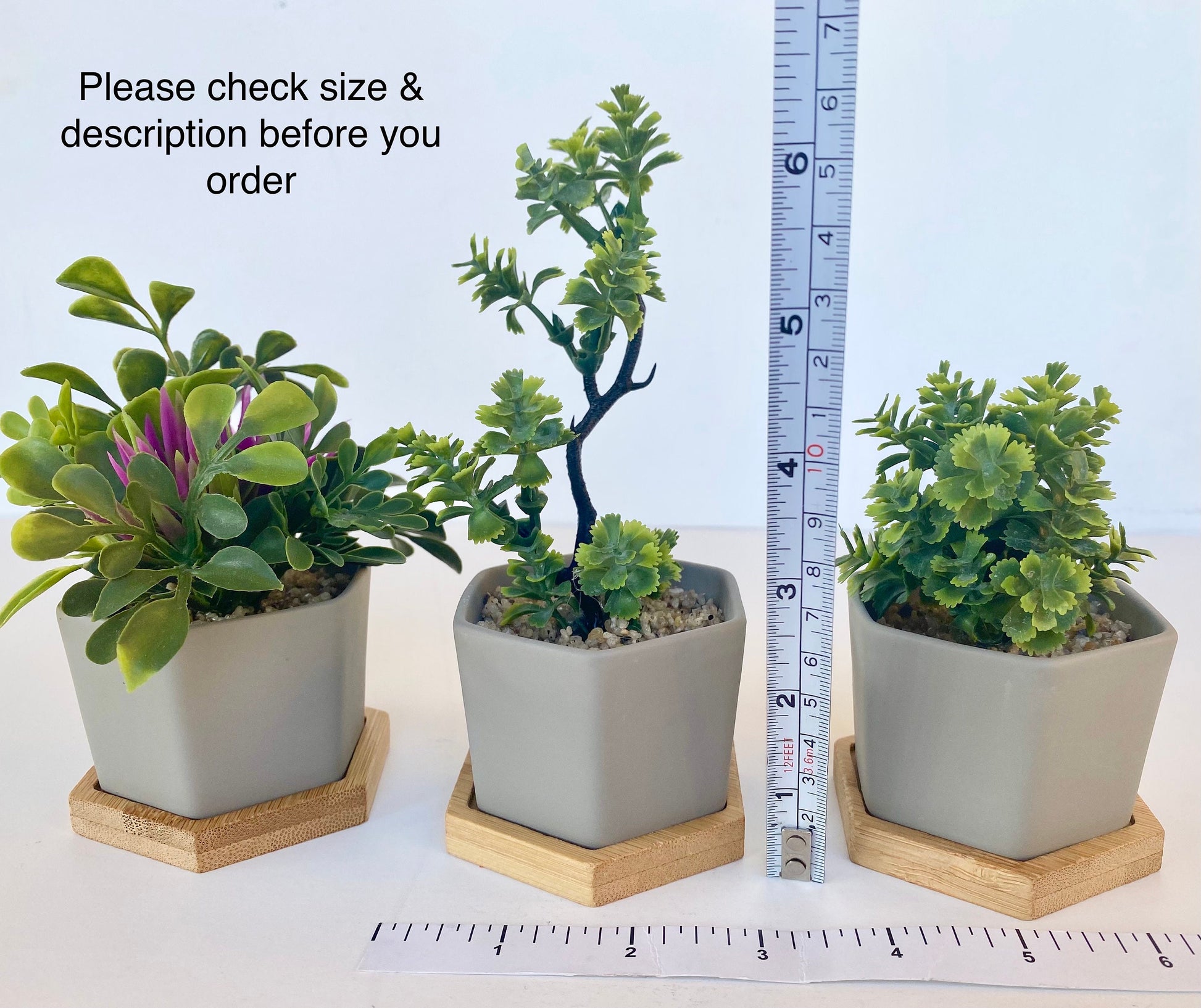 small artificial plants in grey pots 3 x Small Artificial Plant in grey Hexagon Pot with Bamboo Tray – Ursina's Deco Shop