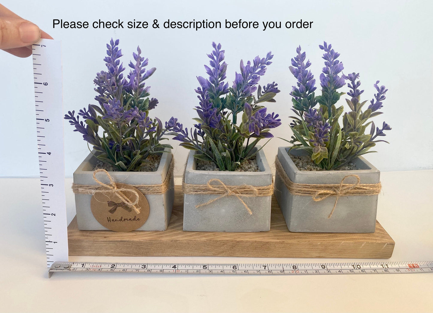 3x Artificial Lavender Plant in Handmade Concrete Pot with Wood Tray