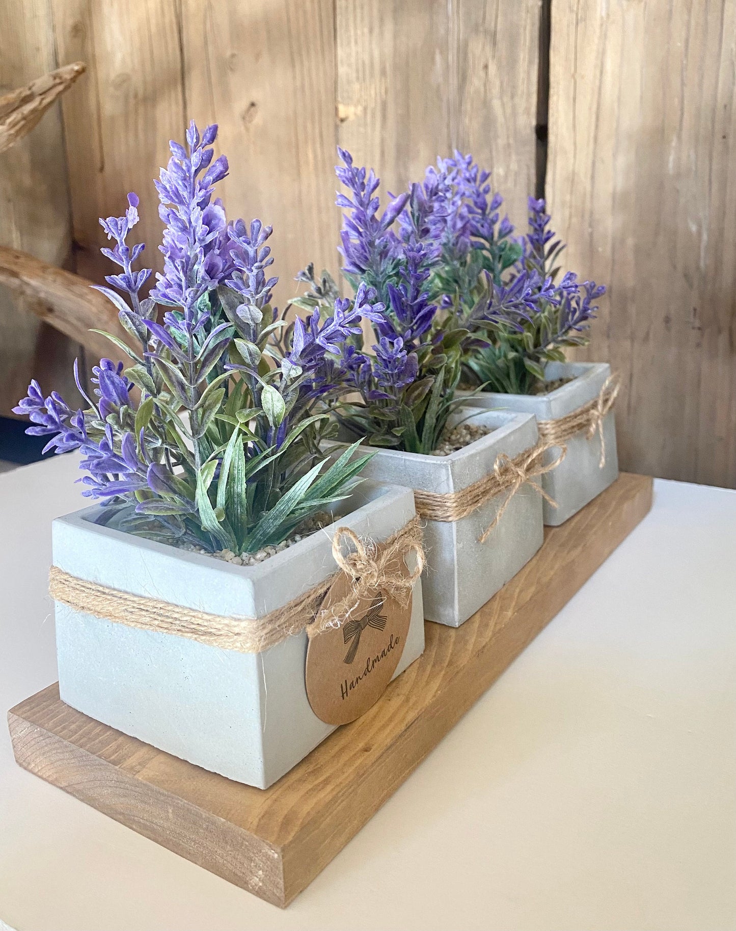 3x Artificial Lavender Plant in Handmade Concrete Pot with Wood Tray