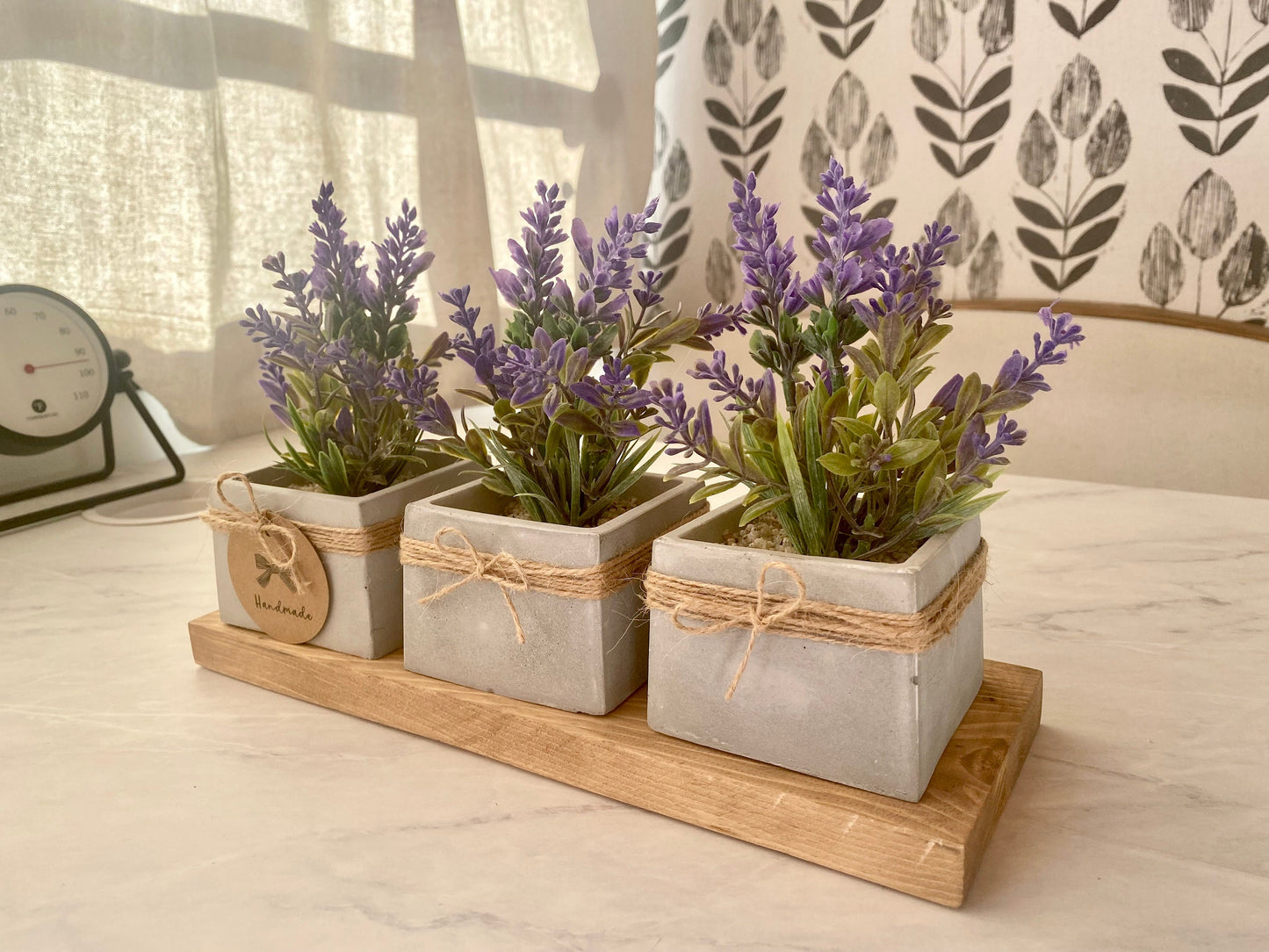 3x Artificial Lavender Plant in Handmade Concrete Pot with Wood Tray