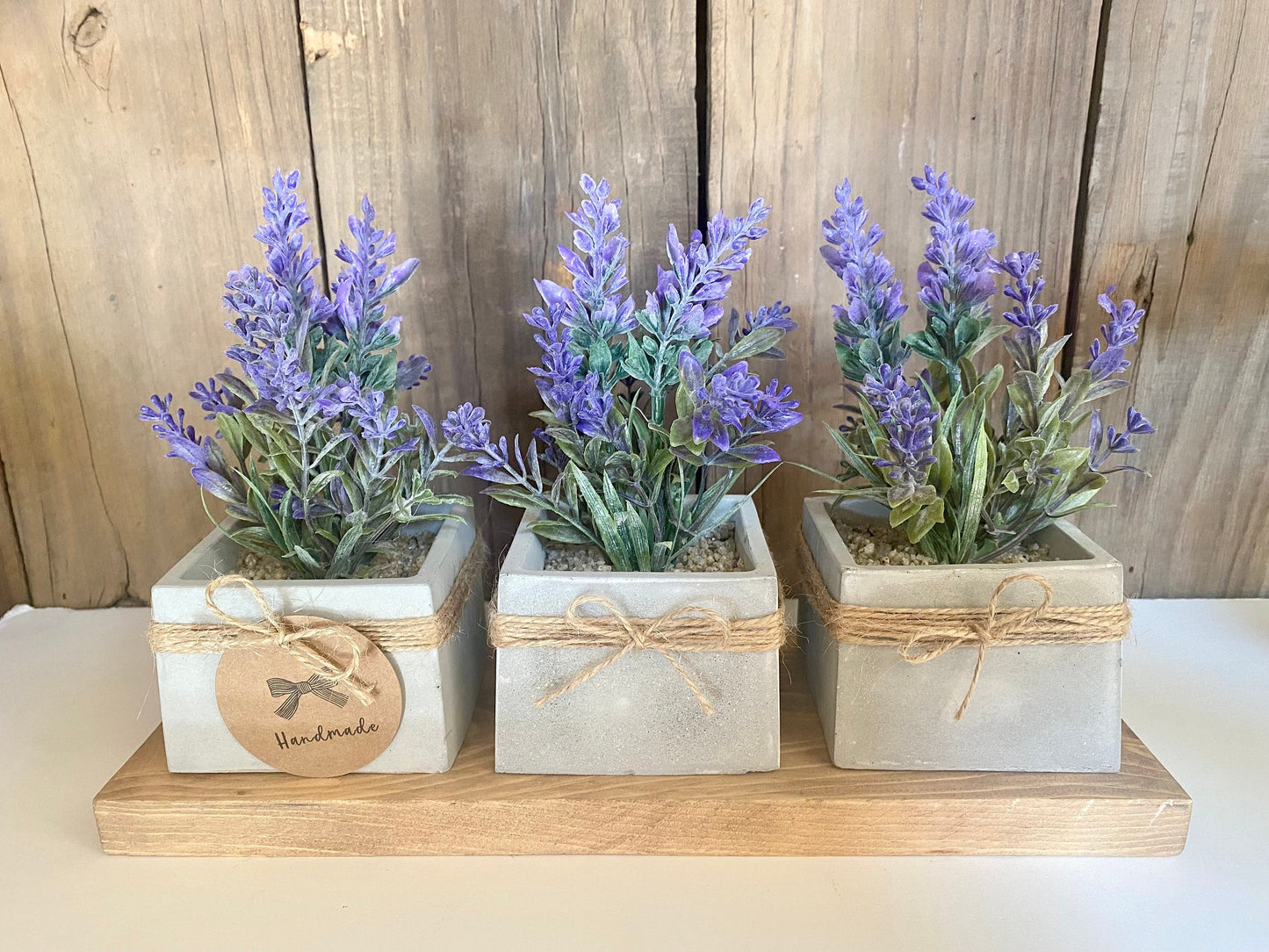 3x Artificial Lavender Plant in Handmade Concrete Pot with Wood Tray