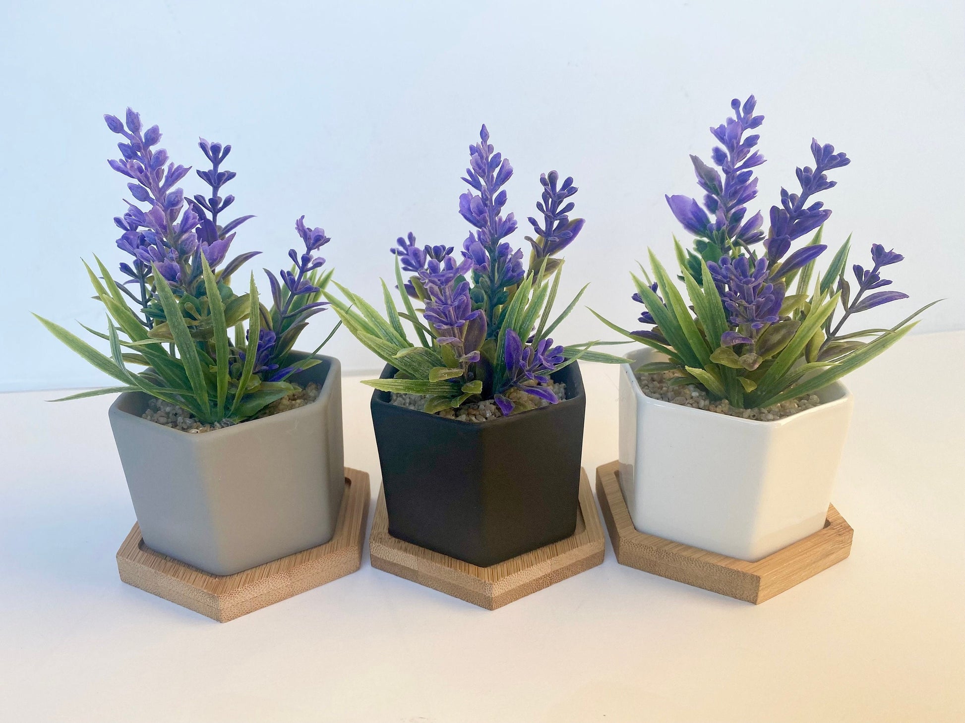 small fake lavender plant Small Artificial Lavender plant in Hexagon Pot with Bamboo Tray – Ursina's Deco Shop