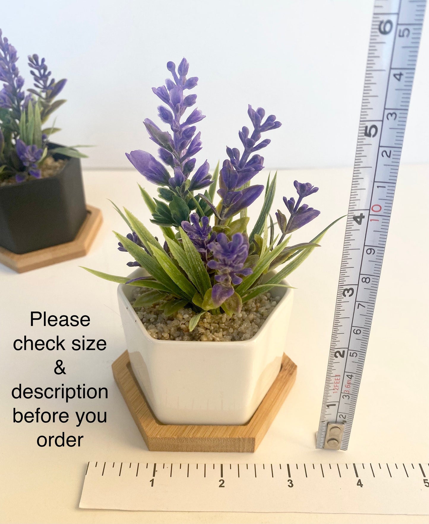 Small Artificial Lavender plant in Hexagon Pot with Bamboo Tray