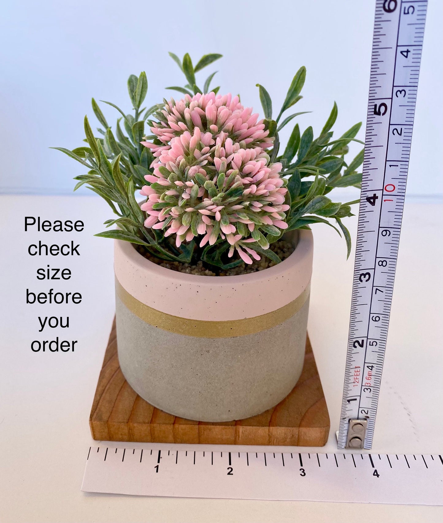 Artificial Pink Allium Flower Bulbs in Handmade Concrete Pot with Wood Tray