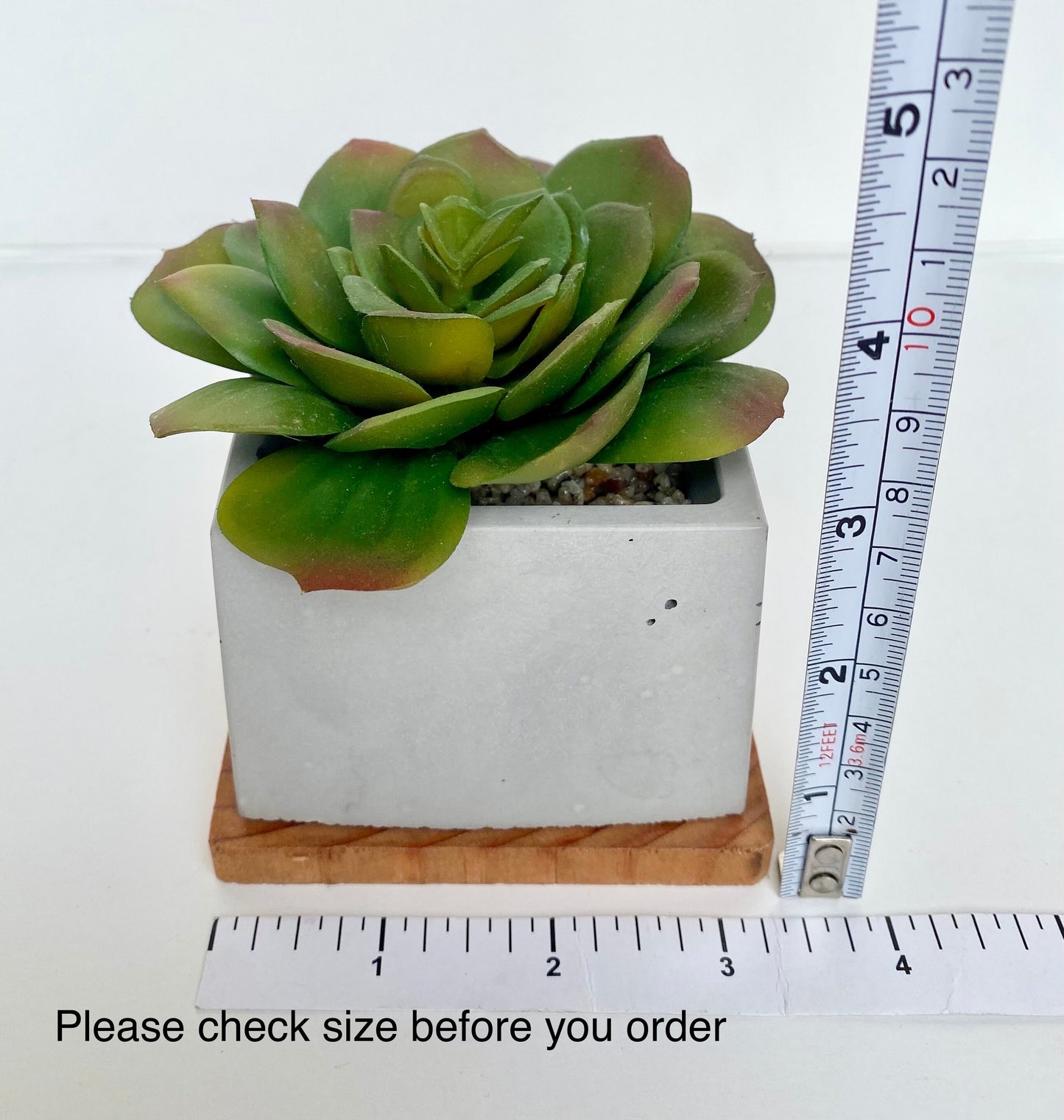 Artificial Succulent Plant in handmade Concrete Pot with Wood Tray - Fake Plant - Floating Shelve Decor