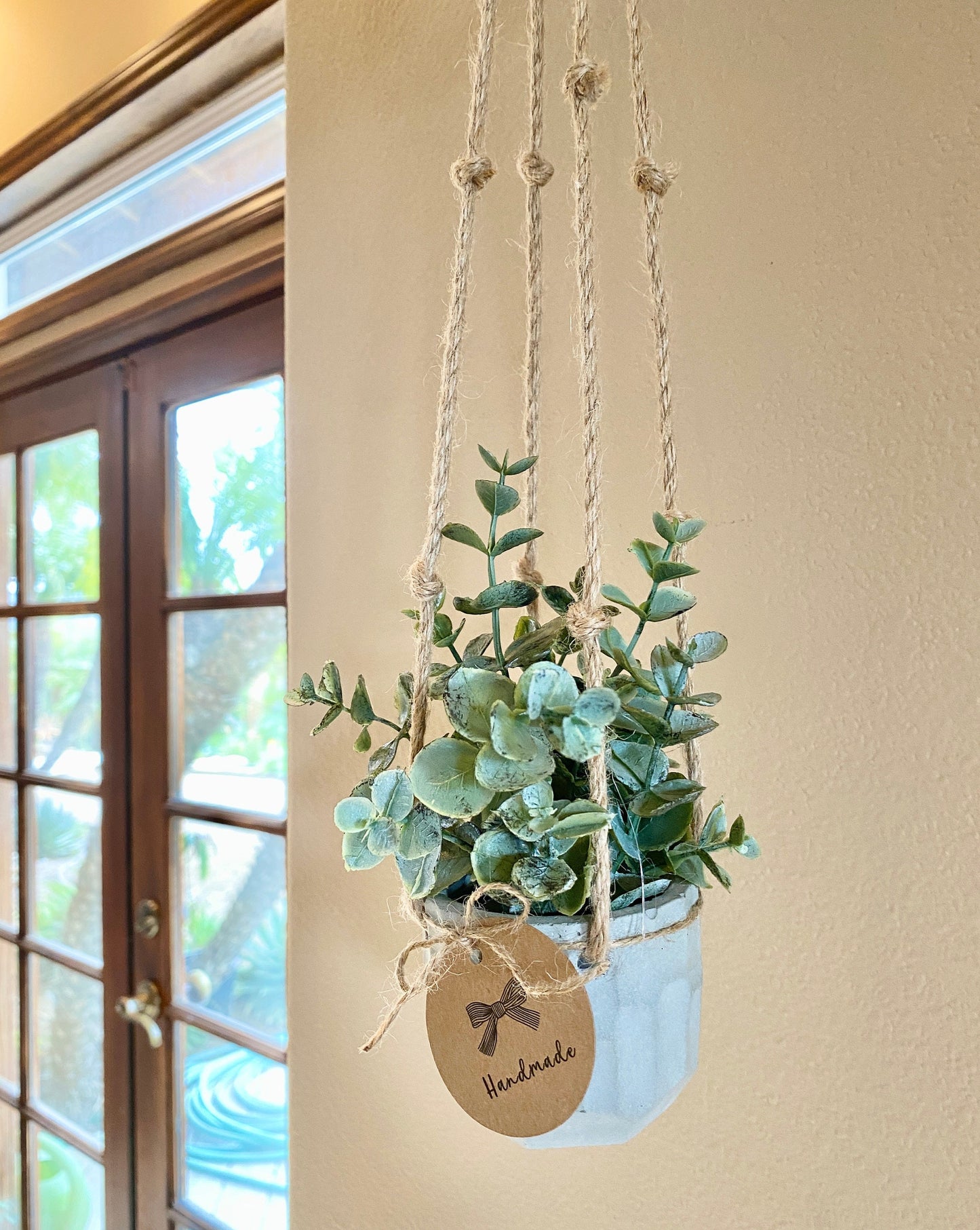 Hanging Faux Eucalyptus Plant in Handmade Concrete Pot