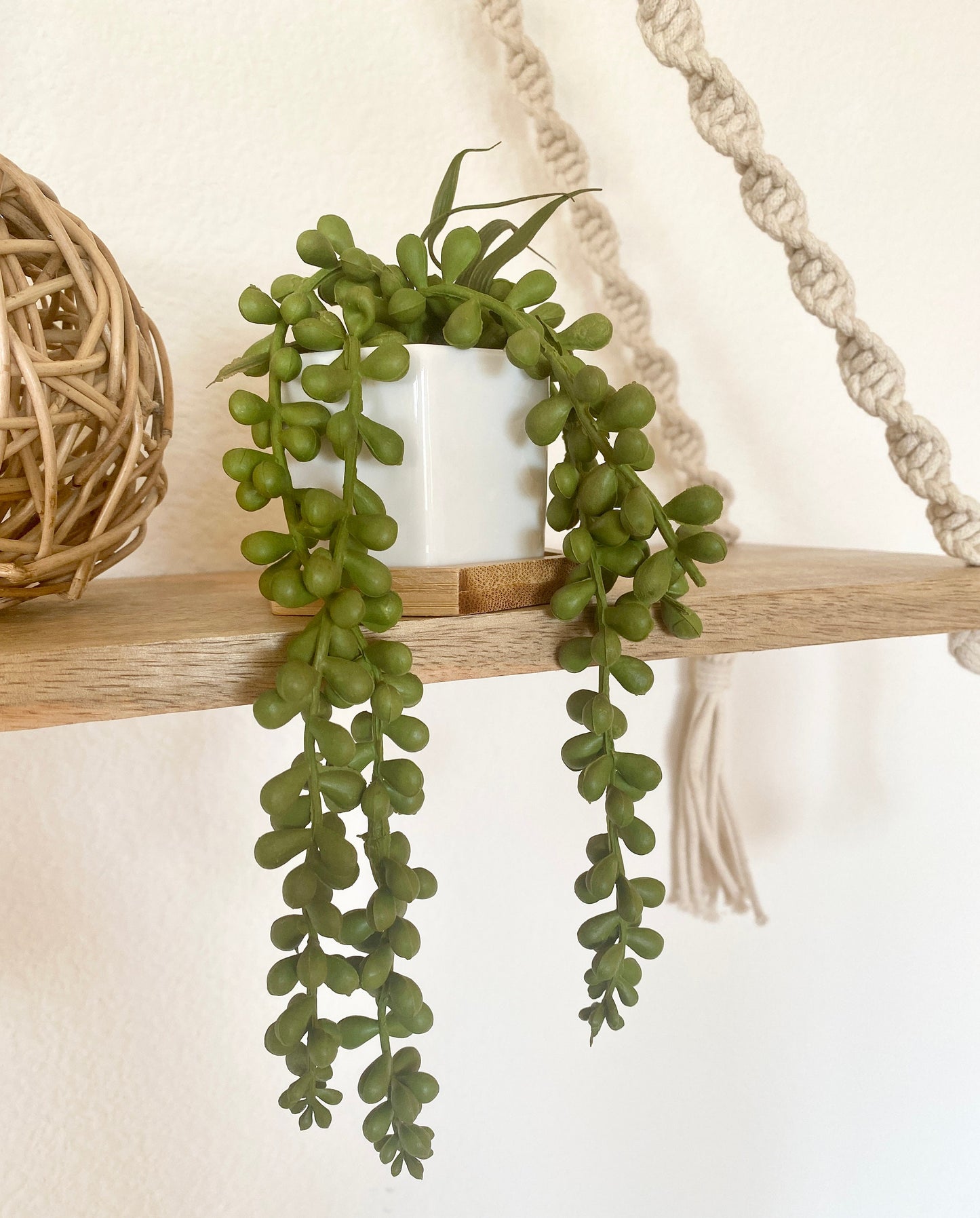 Small Artificial Burro's Tail in Hexagon Pot with Bamboo Tray