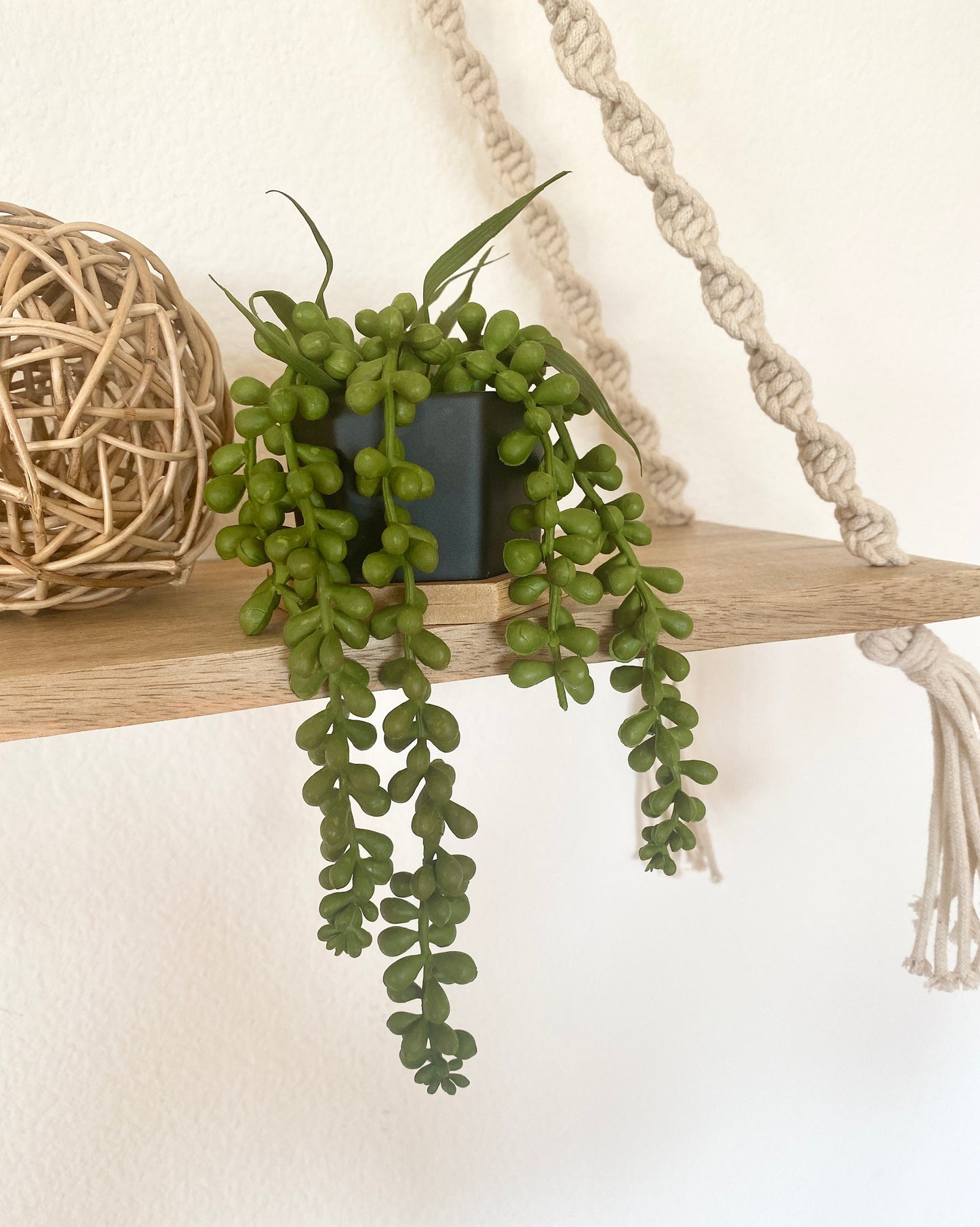 Small Artificial Burro's Tail in Hexagon Pot with Bamboo Tray