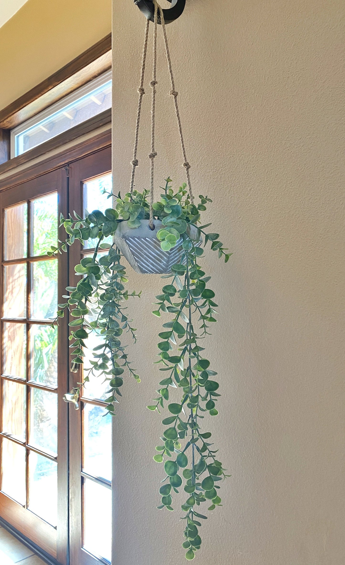 Hanging Faux Eucalyptus Plant in handmade Concrete Pot