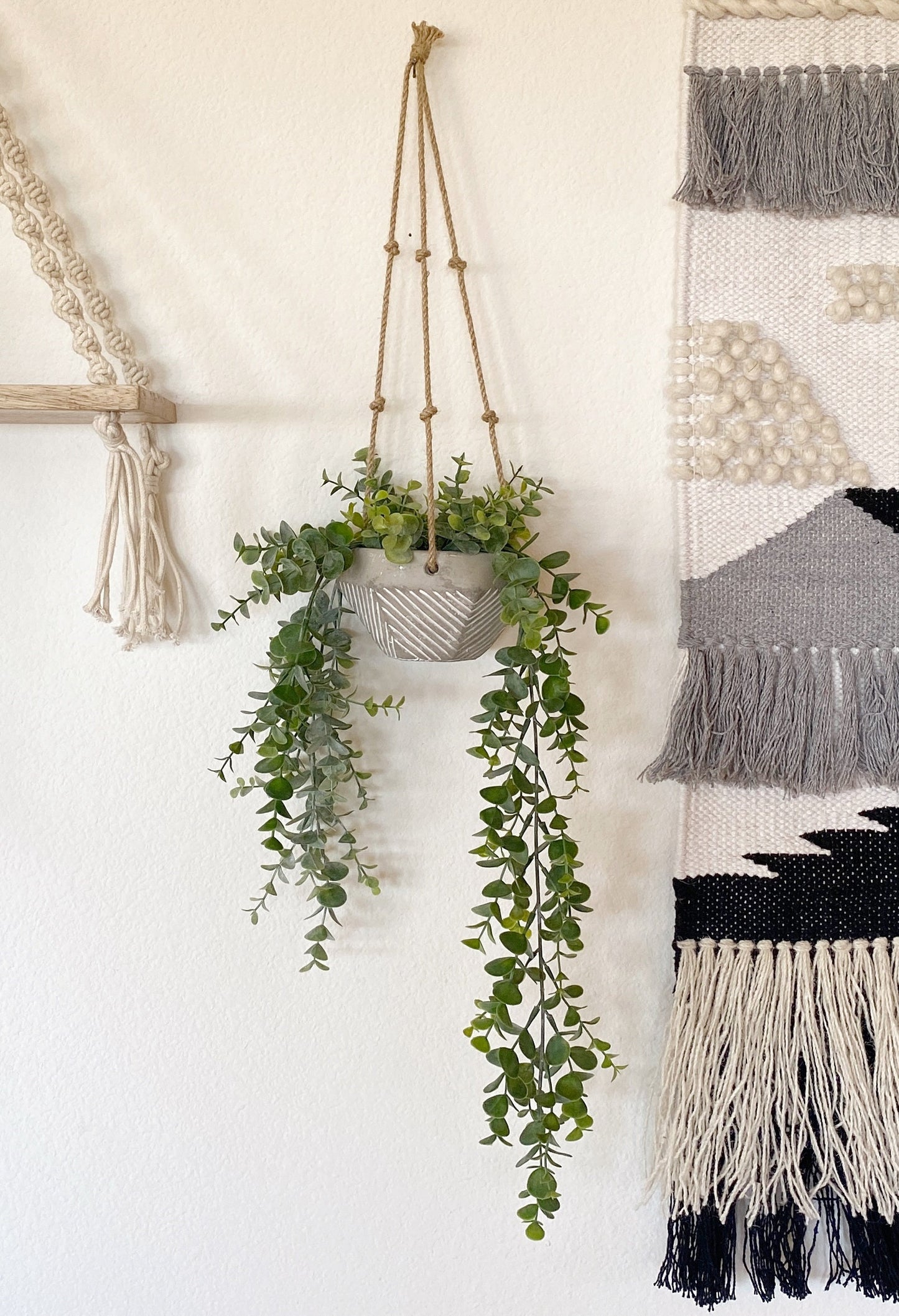 Hanging Faux Eucalyptus Plant in handmade Concrete Pot