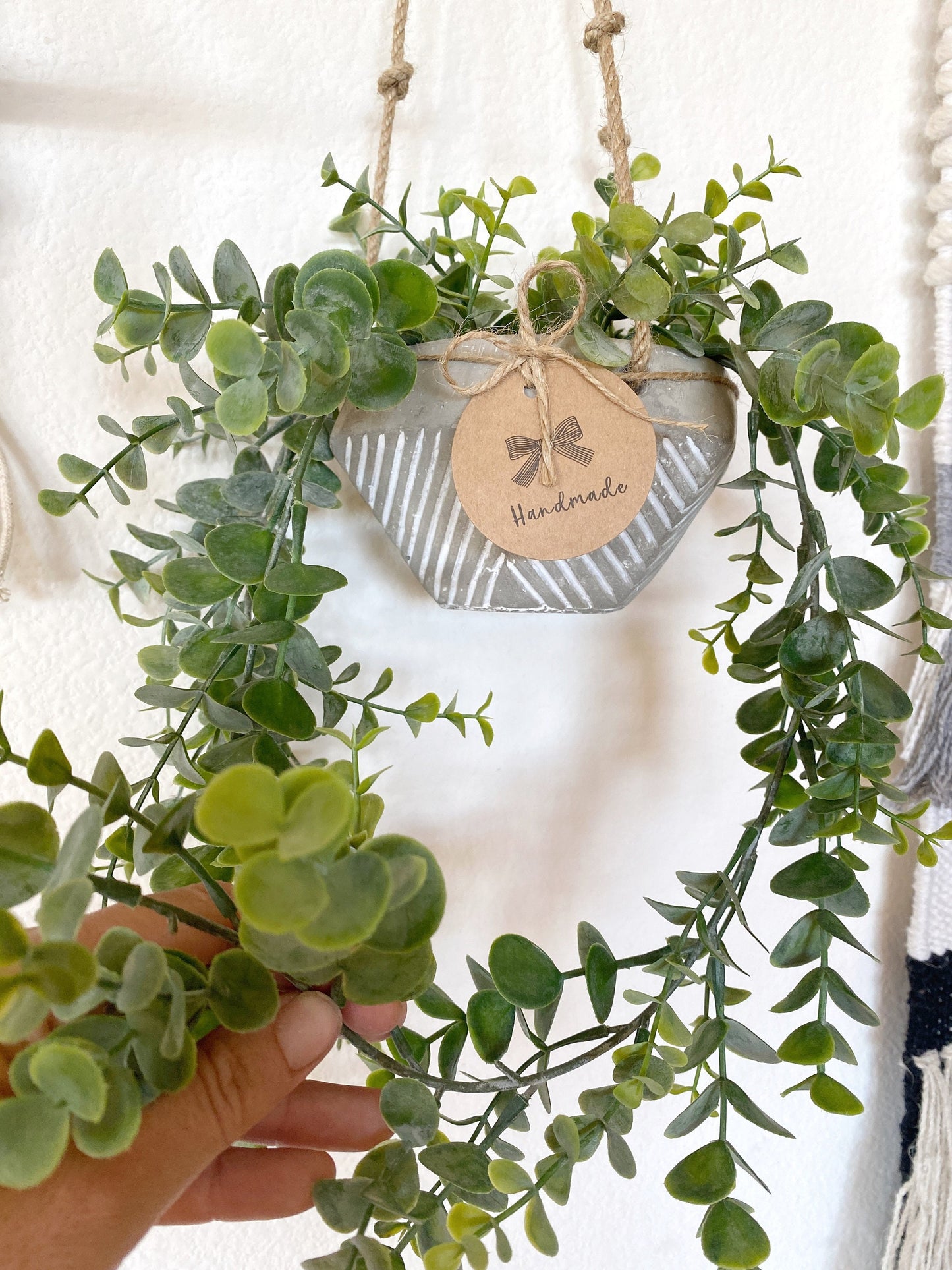 Hanging Faux Eucalyptus Plant in handmade Concrete Pot