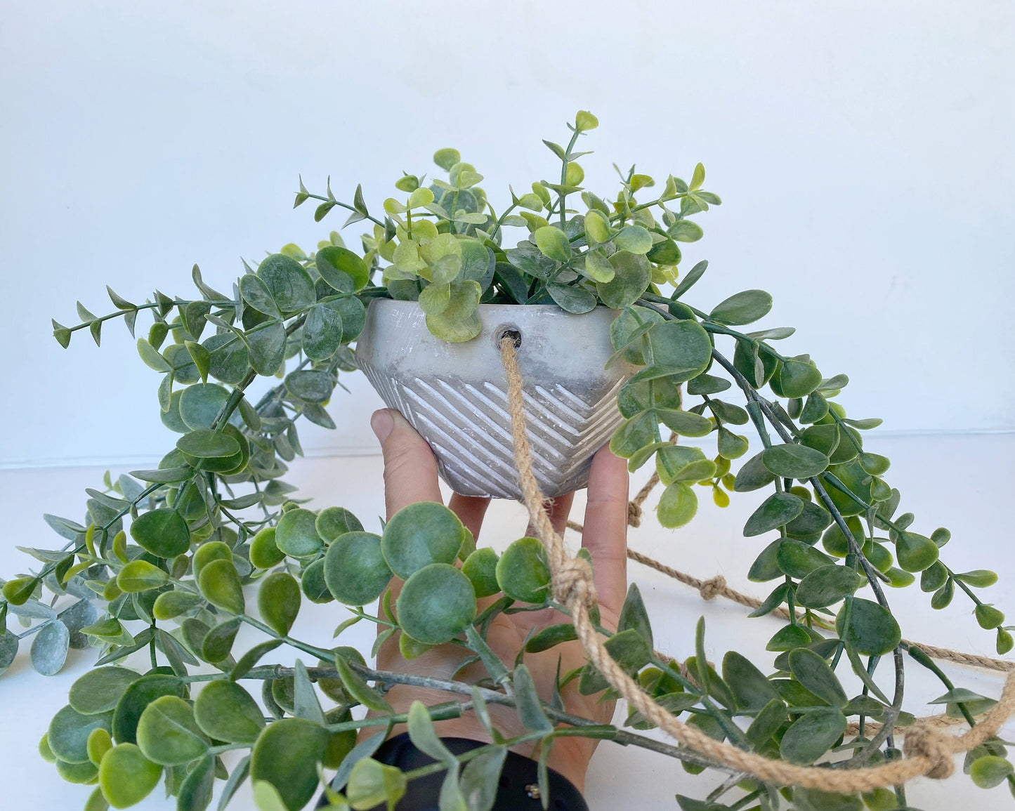 Hanging Faux Eucalyptus Plant in handmade Concrete Pot