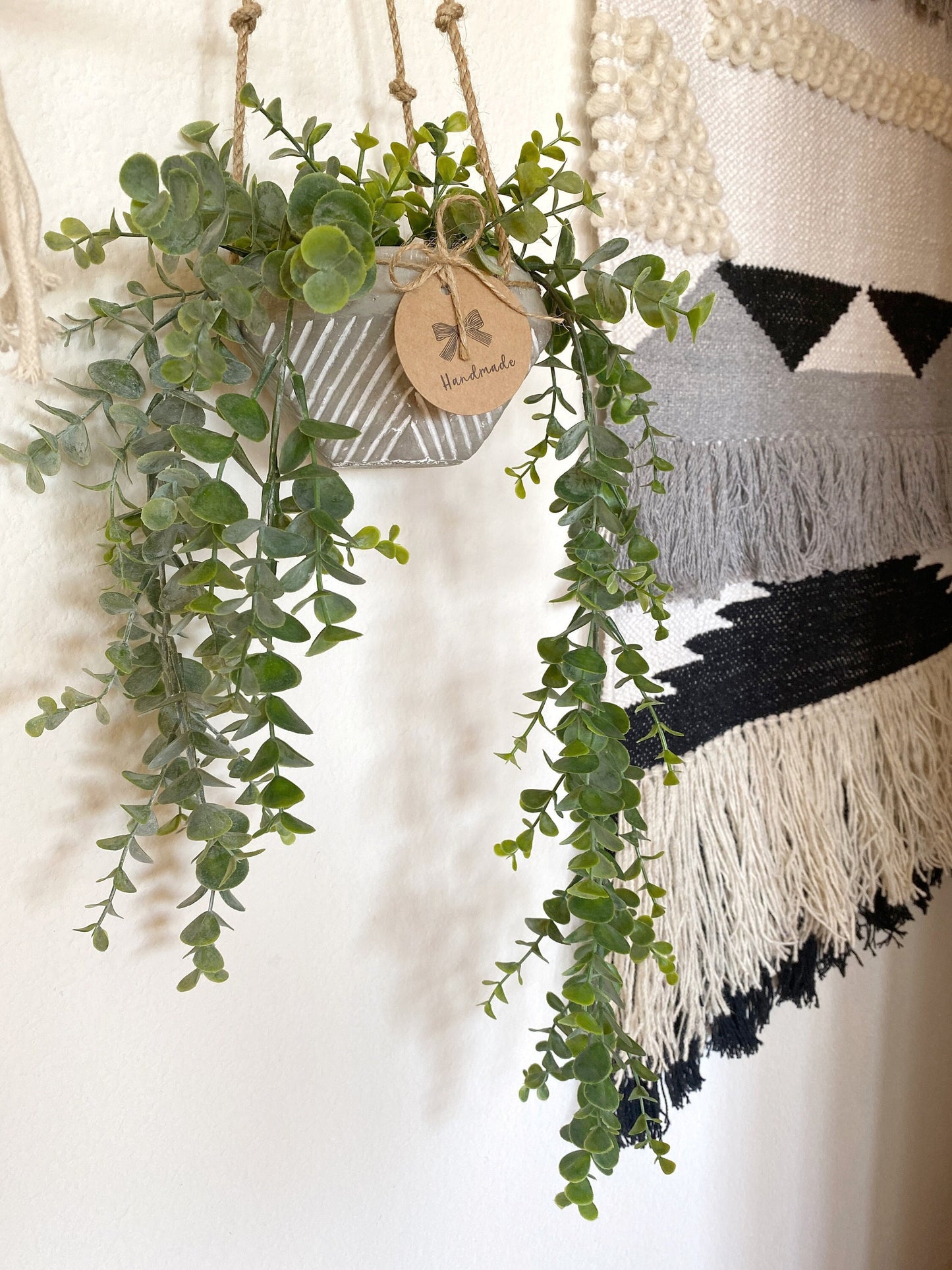 Hanging Faux Eucalyptus Plant in handmade Concrete Pot