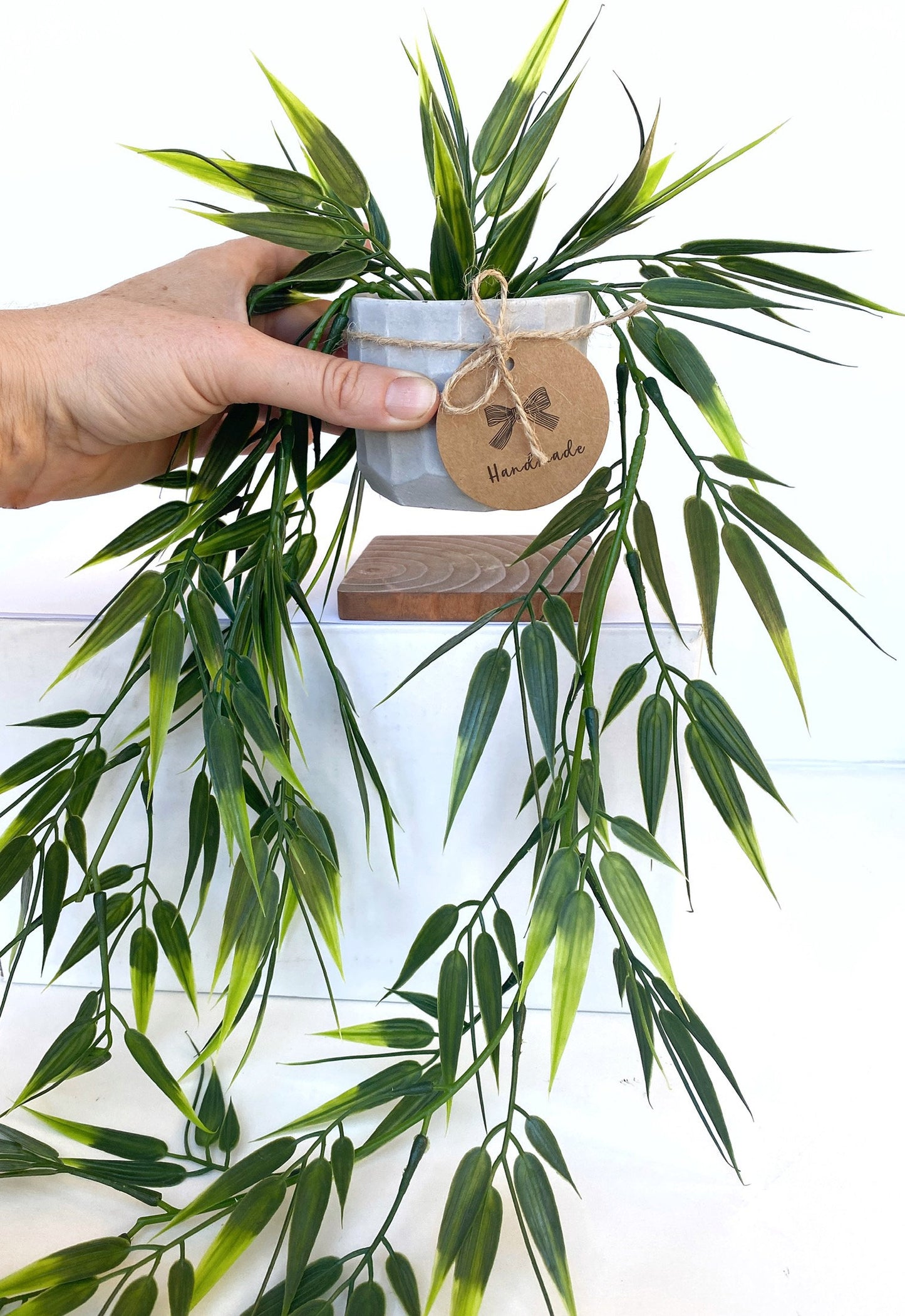 Hanging Faux Bamboo Plant in Handmade Concrete Pot