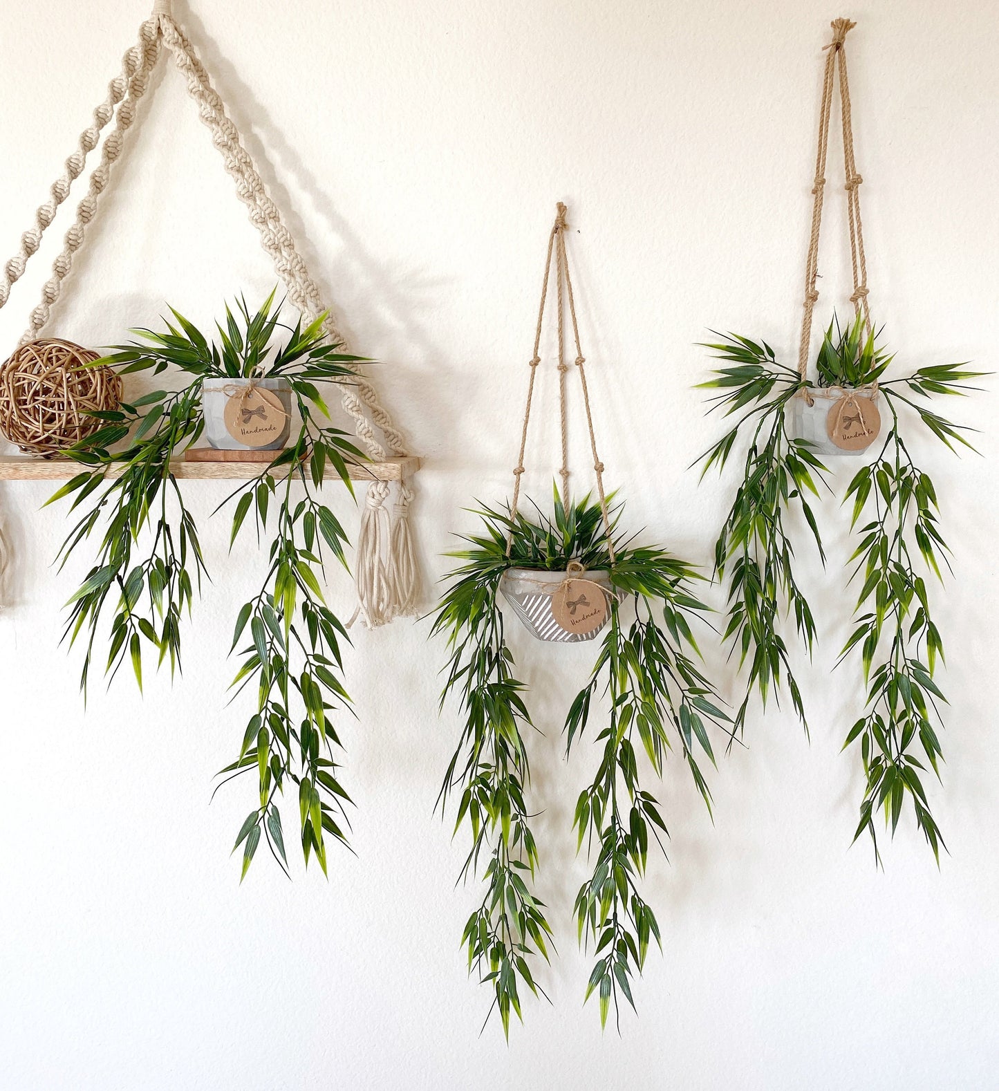 Hanging Faux Bamboo Plant in Handmade Concrete Pot