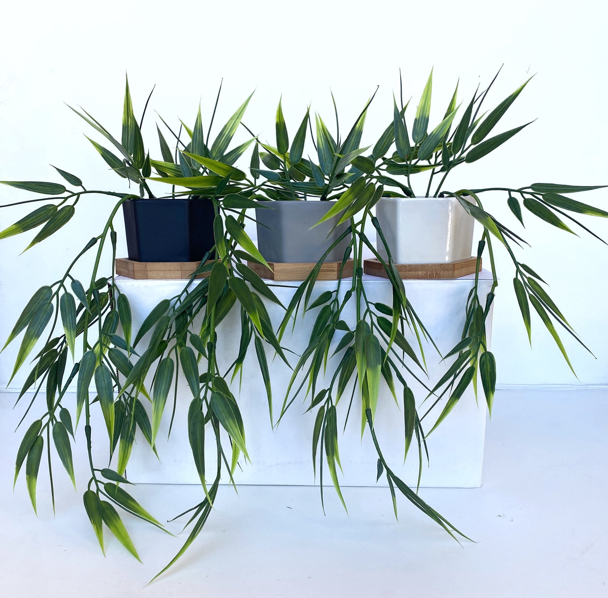 black artificial hanging plant Small Artificial Bamboo Hanging Plant in white, black or grey Hexagon – Ursina's Deco Shop